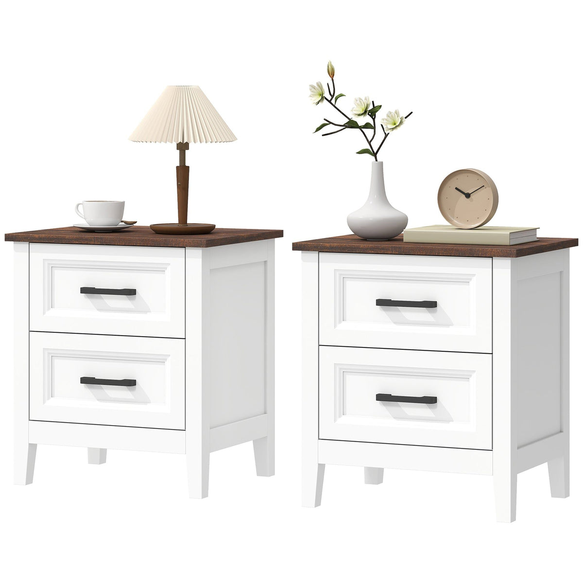 Farmhouse Nightstand Set of 2 with 2 Drawers - White