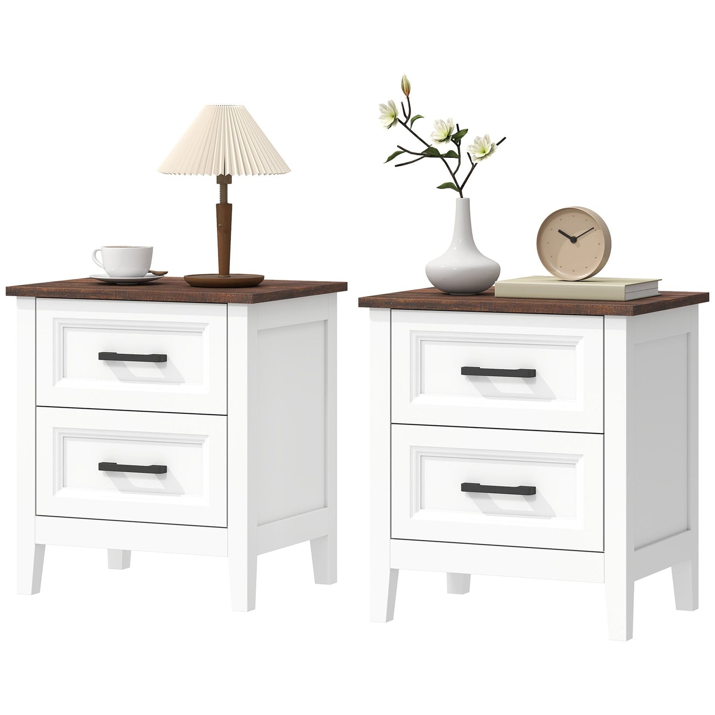 Farmhouse Nightstand Set of 2 with 2 Drawers - White