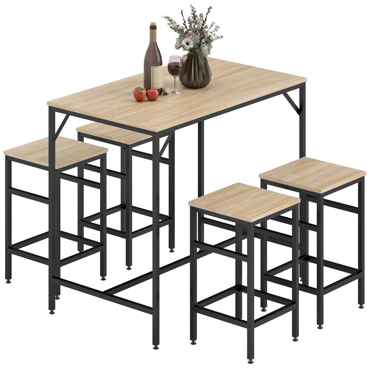 5-Piece Industrial Bar Table Set with 4 Stools - Oak