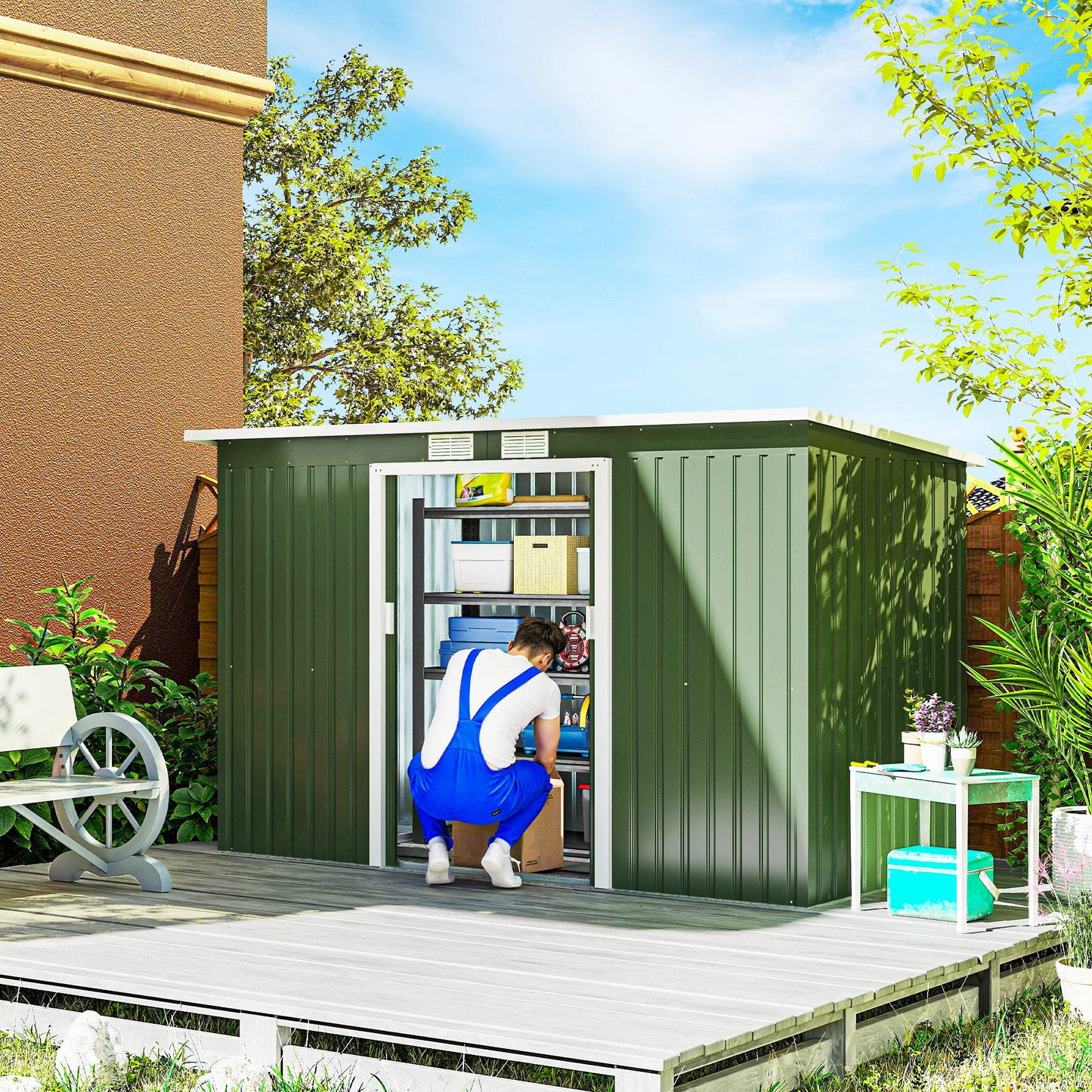 9' x 4' Garden Metal Storage Shed Outdoor Equipment Tool Box with Foundation Kit, Ventilation & Doors, Light Green