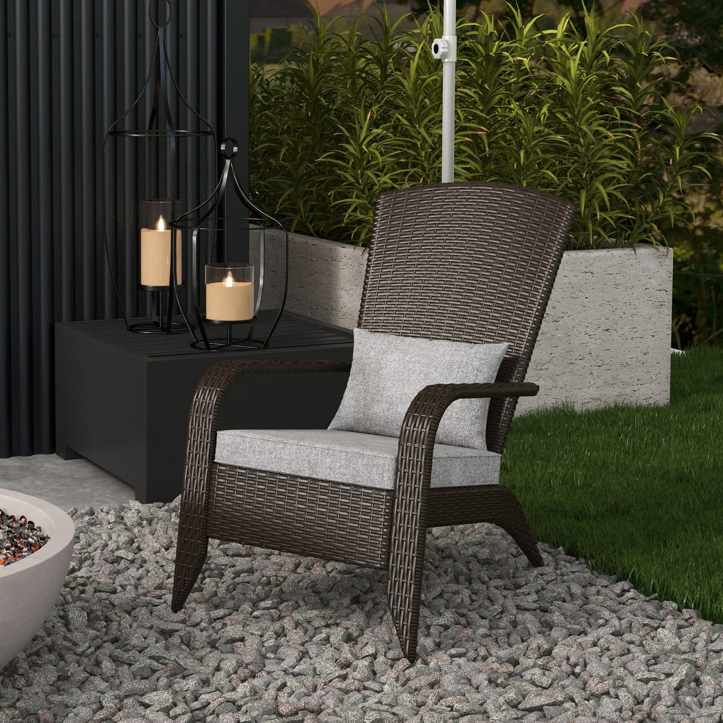Patio Wicker Adirondack Chair, Outdoor Rattan Muskoka Chair with Cushions for Patio, Garden, Backyard, Grey