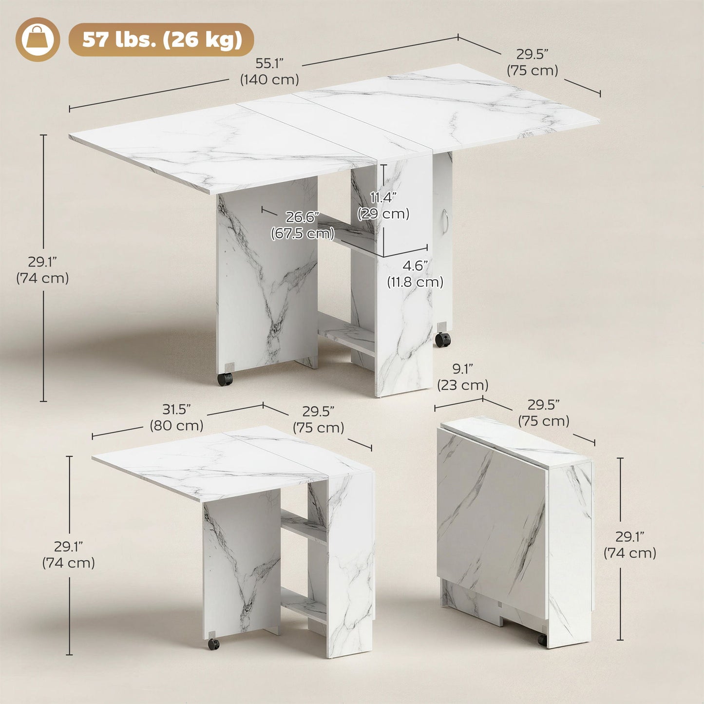 Extendable Dining Table, Collapsible Folding Table with 2-tier Shelves and Rolling Casters, Marble White