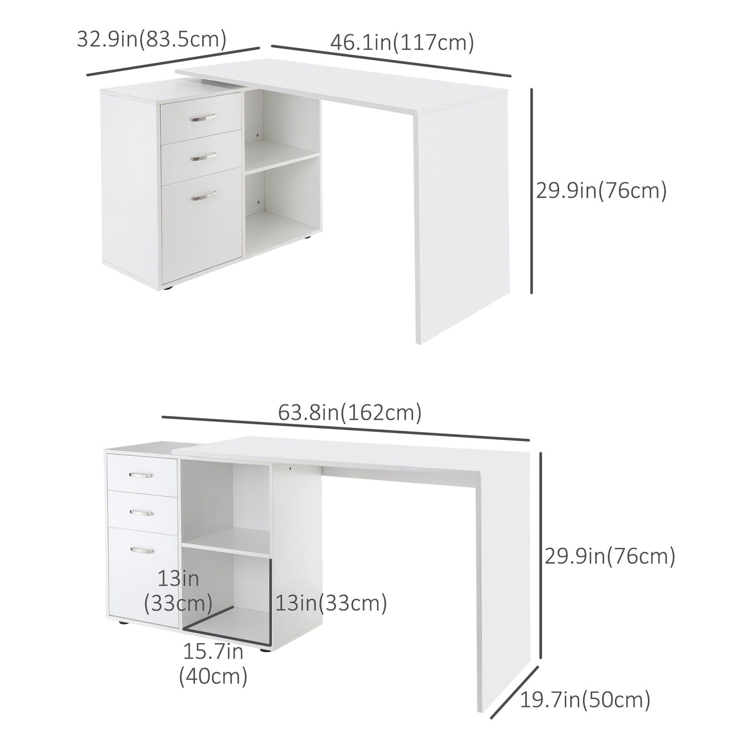 L-Shaped Computer Desk with Shelf and Drawer - White