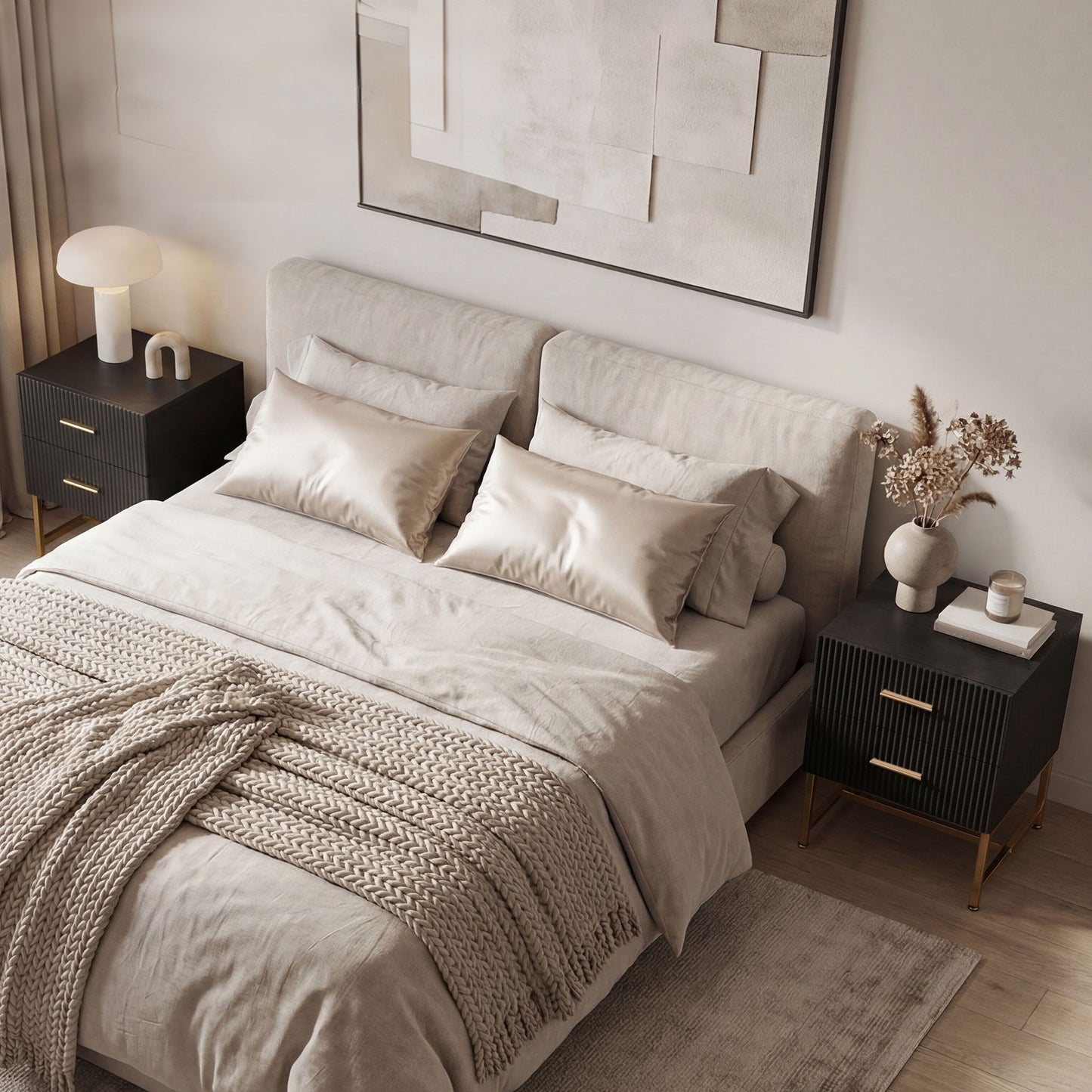2 Pieces Nightstands with Storage, Modern Bedside Tables with 2 Fluted Drawers and Gold Legs for Bedroom, Black