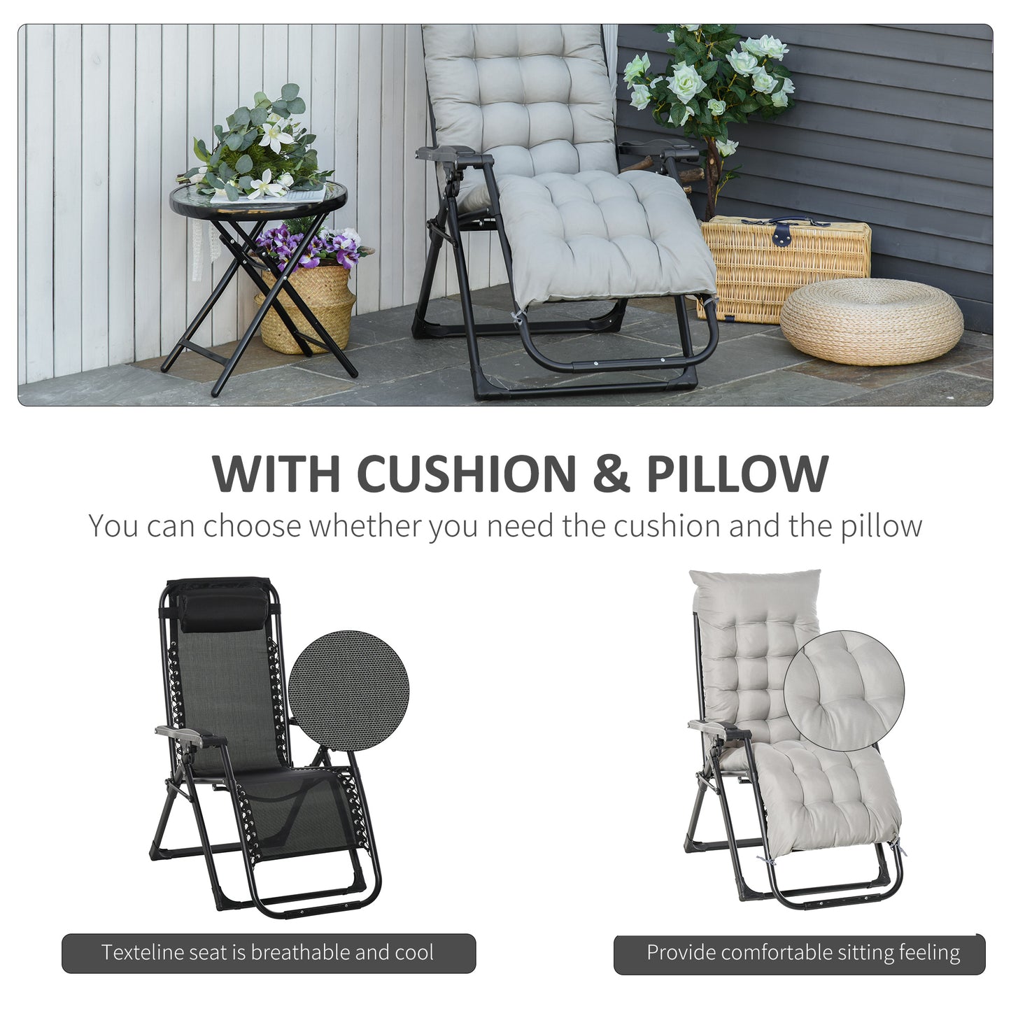 Reclining Zero Gravity Chair with Adjustable Backrest, Folding Garden Sun Lounger, Outdoor Recliner with Removable Cushion and Headrest, Dark Grey