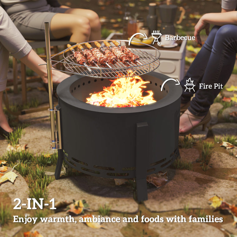 Black Round Fire Pit with Grill Grate & Ash Catcher