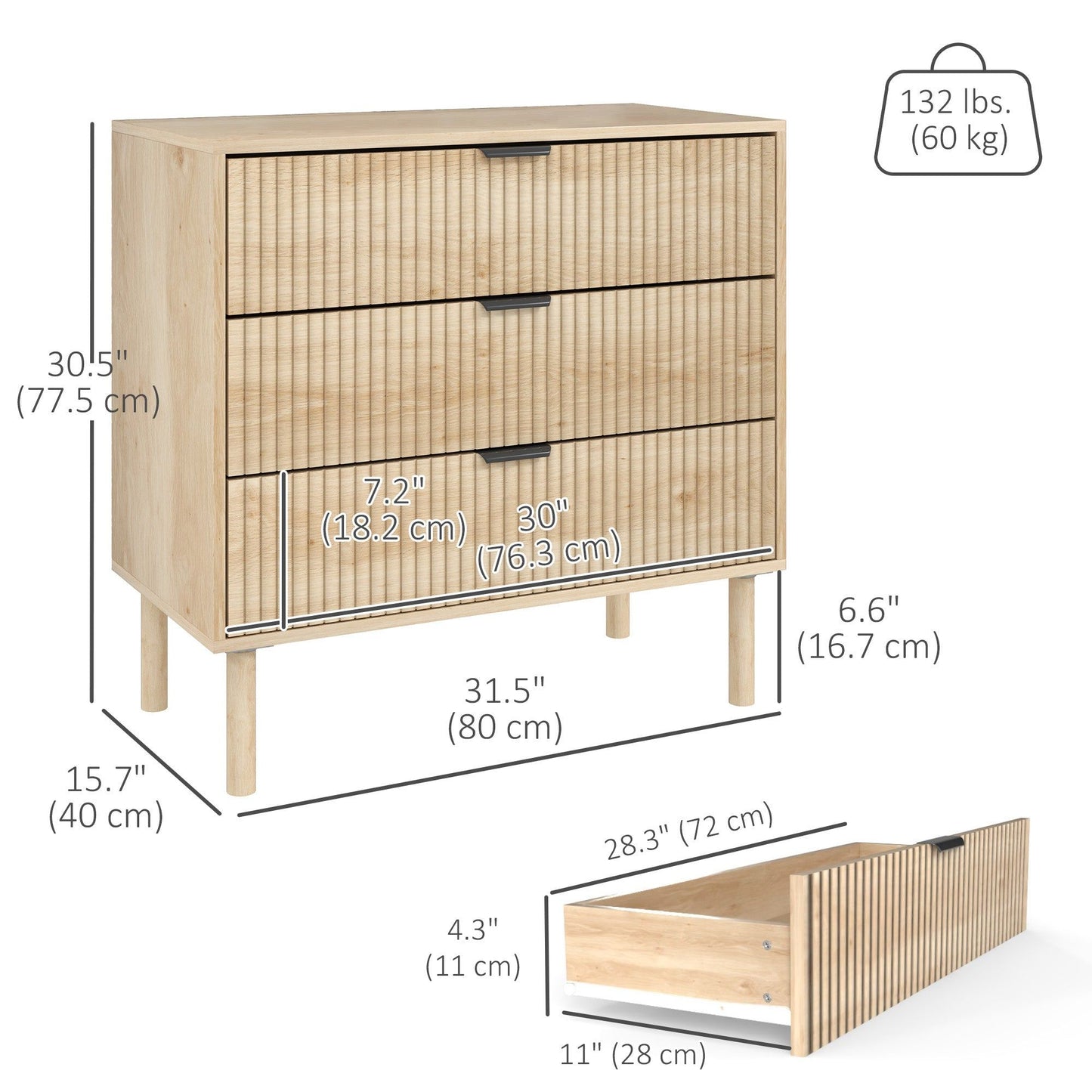 3-Drawer Fluted Dresser with Solid Wood Legs - Oak