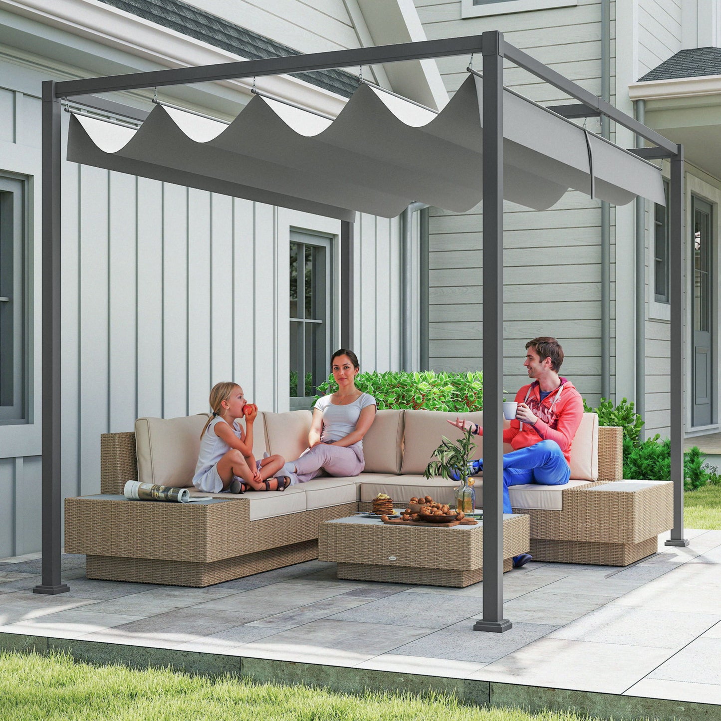 10x7ft Pergola with Retractable Roof Outdoor Patio Sun Shelter Garden Grape Tent Water-resistant Yard Shade Grey