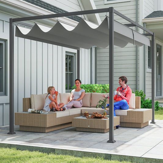 10x7ft Pergola with Retractable Roof Outdoor Patio Sun Shelter Garden Grape Tent Water-resistant Yard Shade Grey