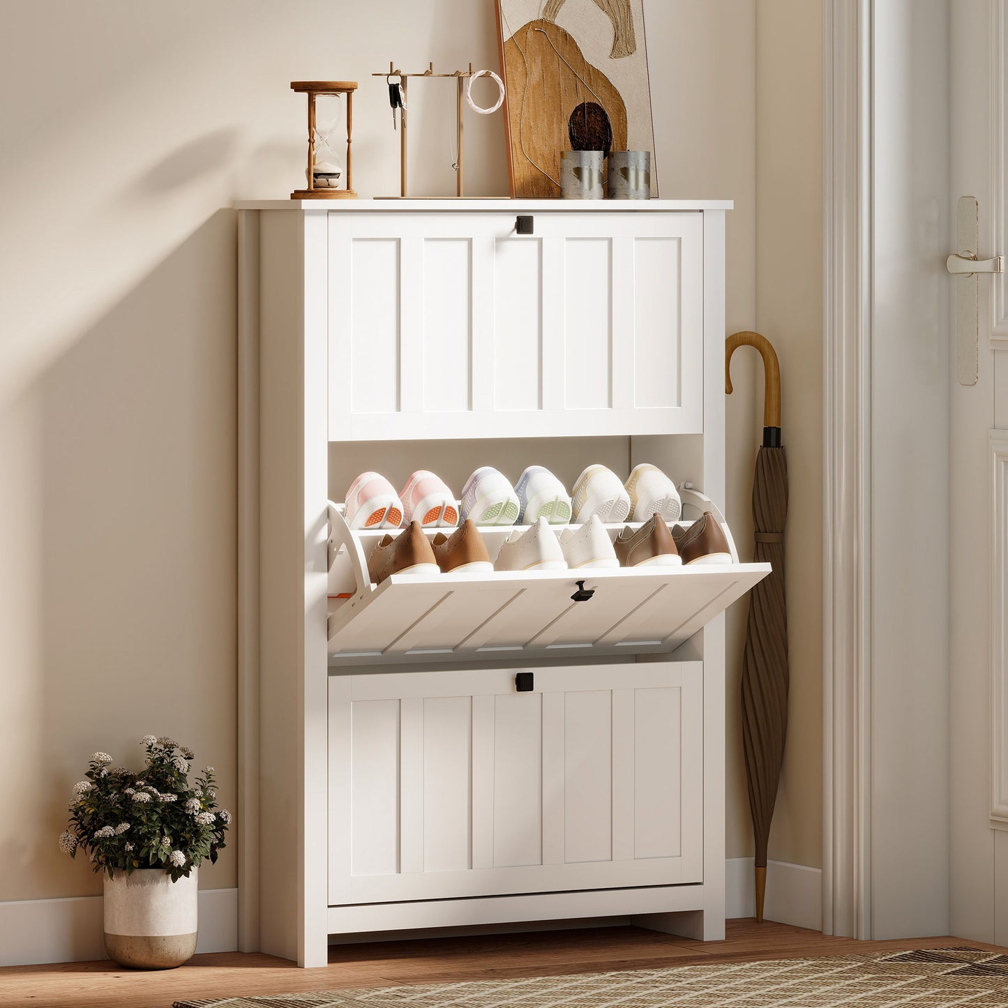 Slim Shoe Cabinet with 3 Flip Drawers, Shoe Storage Cabinet with Adjustable Shelves for Entryway, Holds 18 Pairs, White