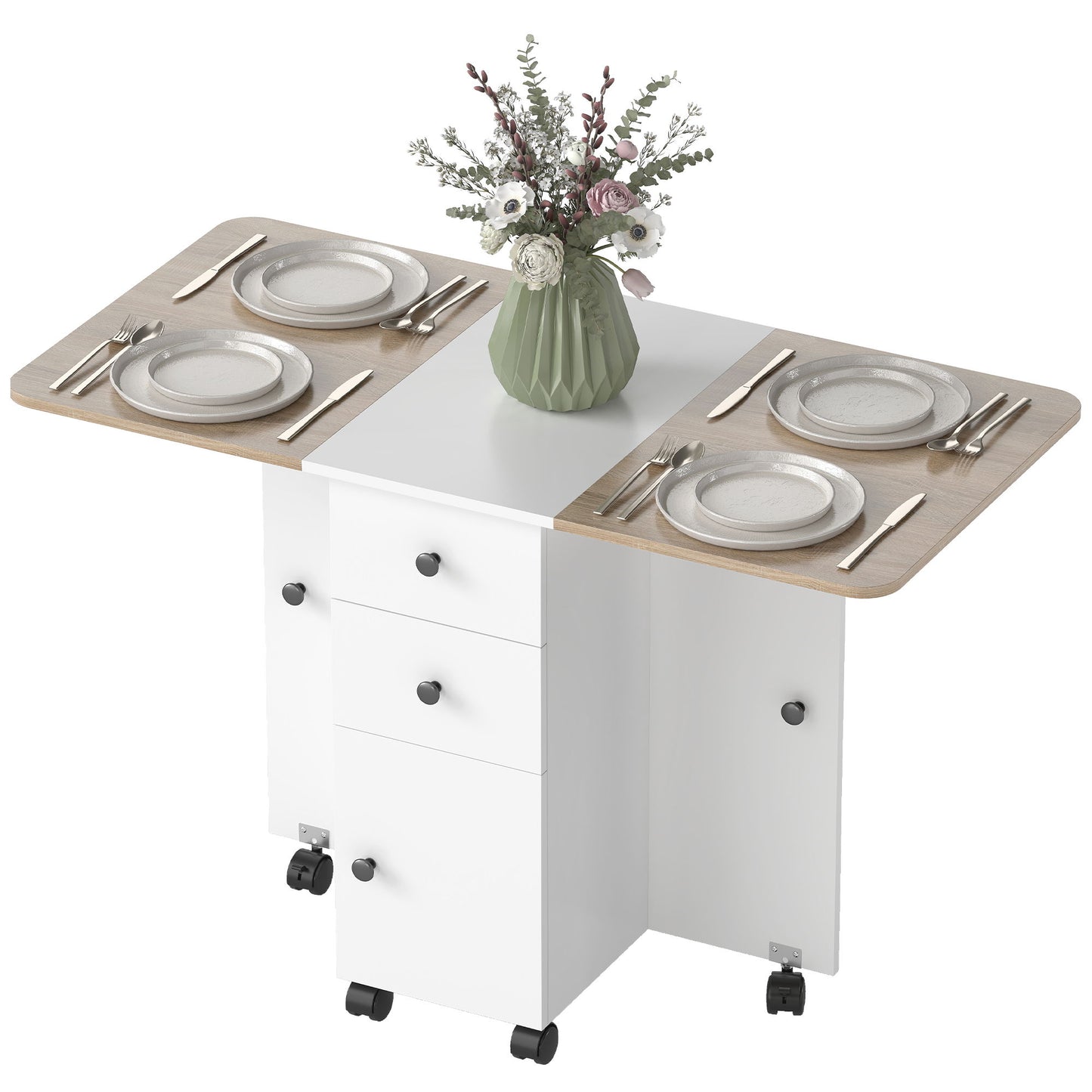 Drop Leaf Dining Table, Mobile Folding Table on Wheels with Drawers and Cabinet for Dining Room, Kitchen, White and Oak