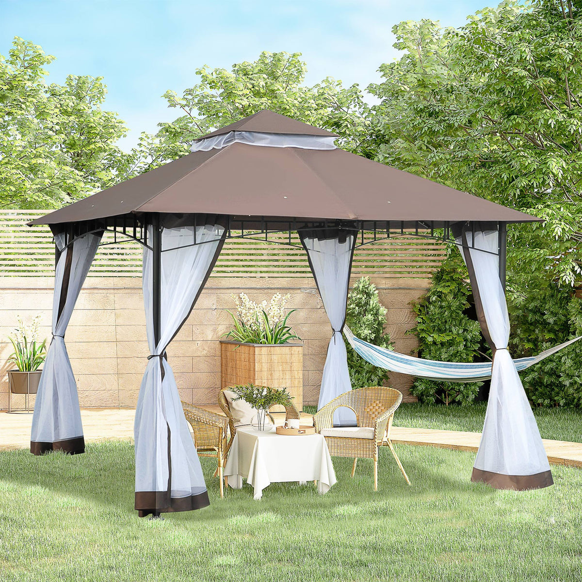 10' x 10' Double Tier Garden Gazebo Canopy Outdoor Sunshade Tent Anti-UV Roof with Metal Frame, Coffee