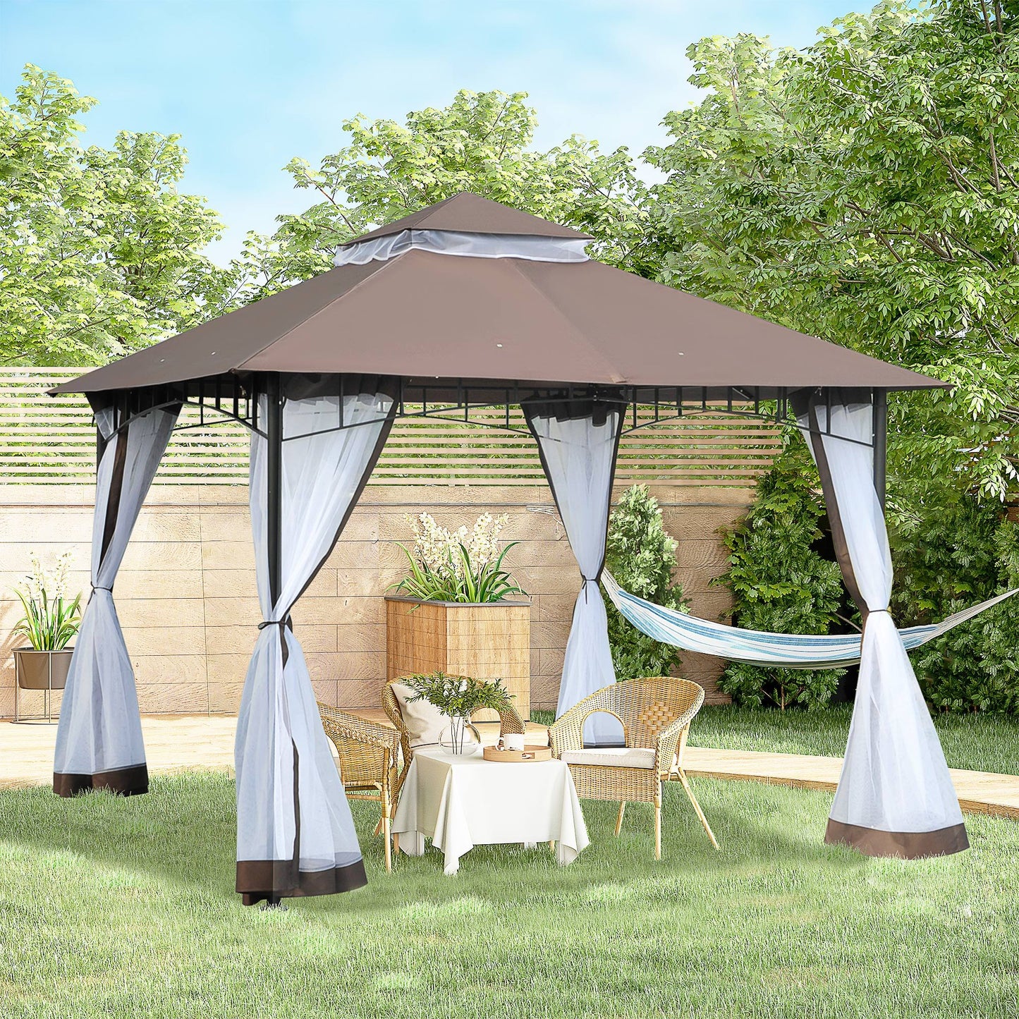 10' x 10' Double Tier Garden Gazebo Canopy Outdoor Sunshade Tent Anti-UV Roof with Metal Frame, Coffee