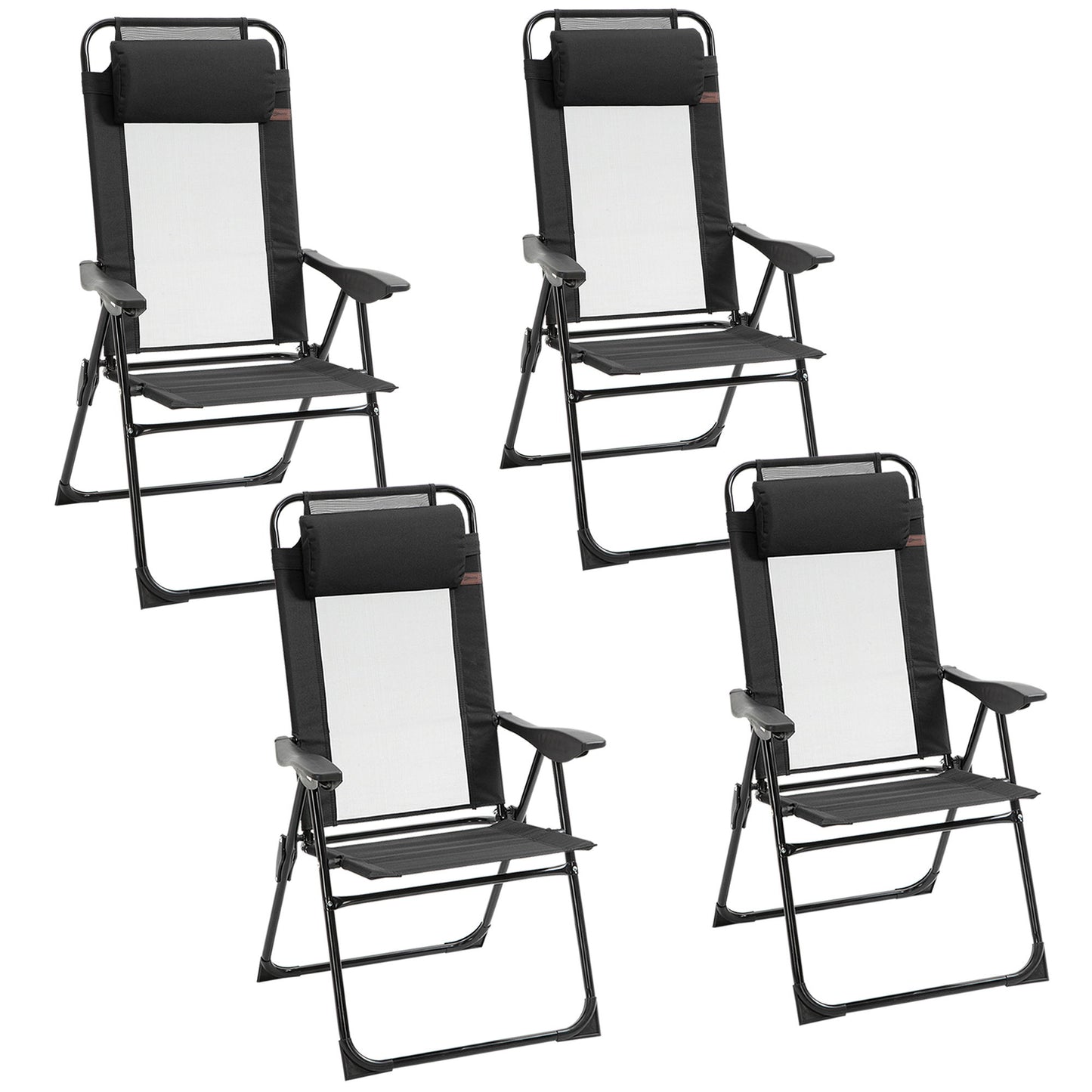 Set of 4 Camping Chairs, Outdoor Folding Lounge Chair Set with 5 Level Adjustable Backrest, Removable Headrest, Armrest for Camping, Backyard, Black