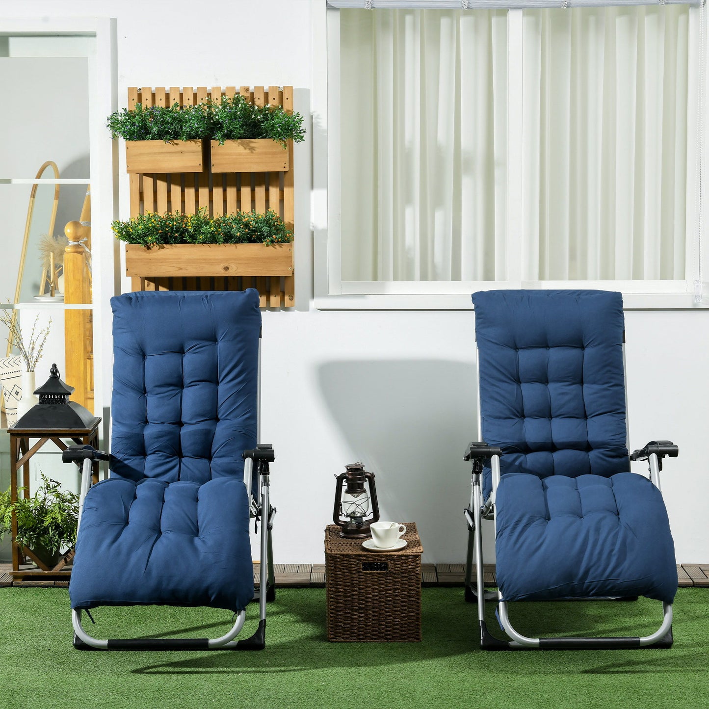 Folding Garden Chairs Set of 2, Reclining Zero Gravity Chair, Sun Lounger with Cushion and Headrest, Dark Blue