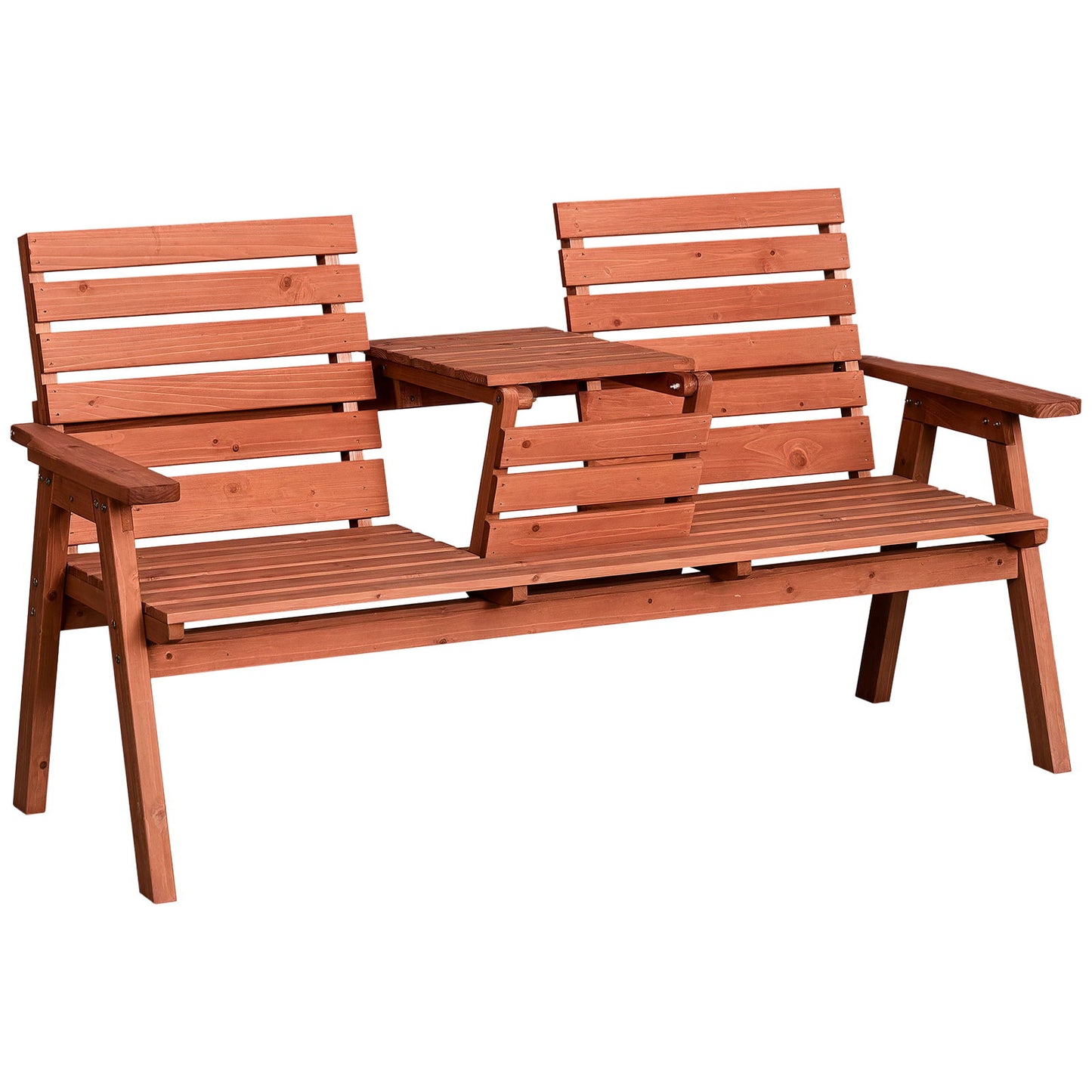 3-Seater Outdoor Bench with Convertible Middle Table, Garden Wooden Patio Loveseat with Middle Table for 2 Persons w/ Slatted Seat and Backrest, Armrests, Orange