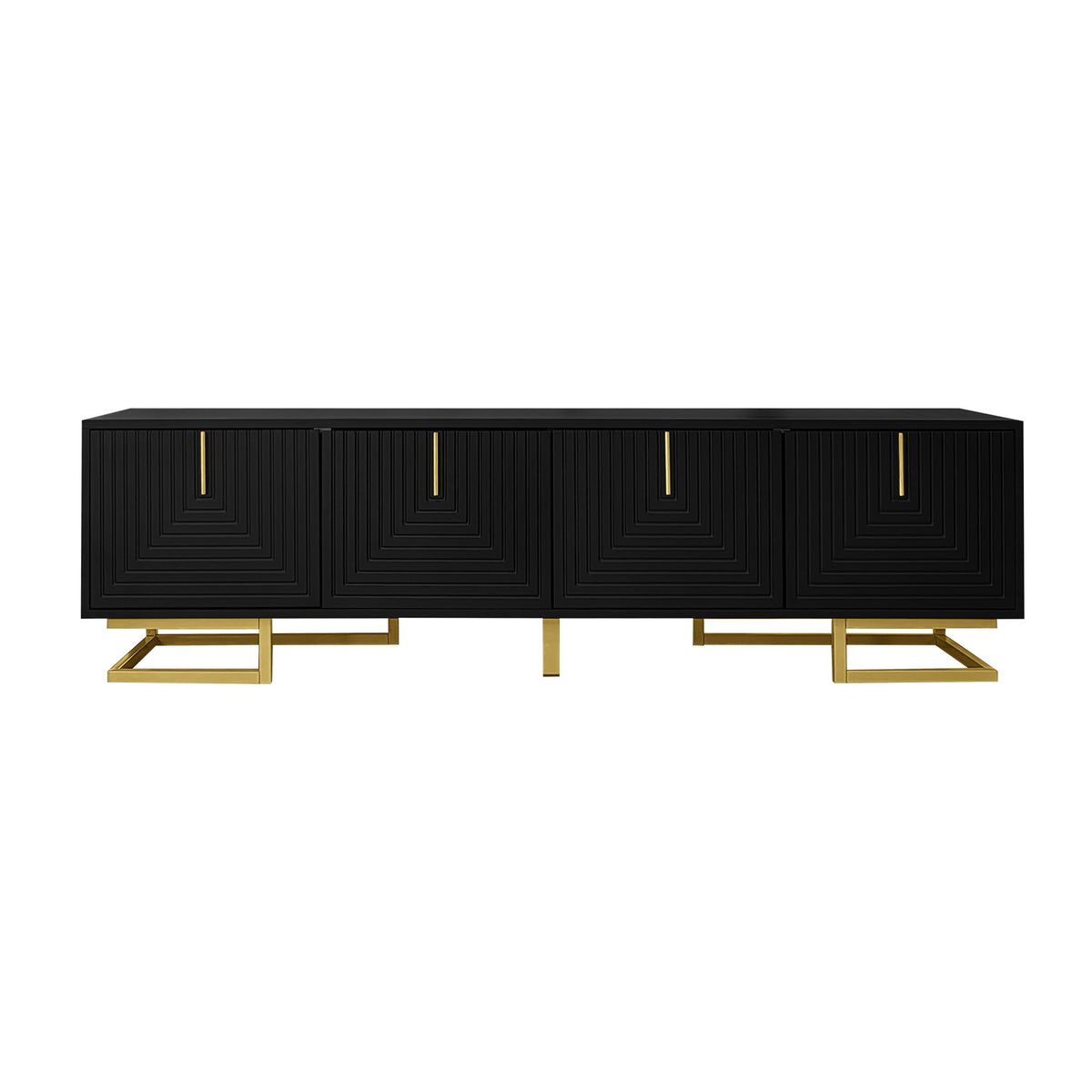 Modern TV Stand with Textured Doors, Gold Handles and Legs, Ample Storage Space, Easy to Install, 63" L x 15" W x 17.5" H, Black