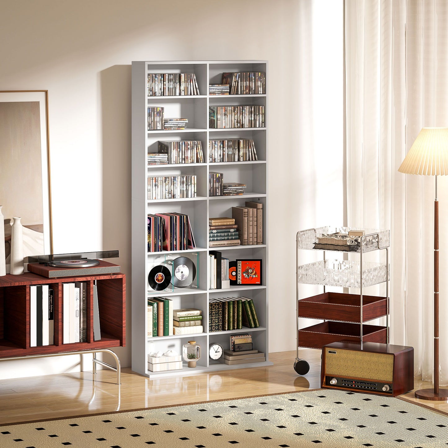 9-Tier DVD Shelf with 18 Compartments and 14 Adjustable Shelves, Holds 640 CDs, 360 DVDs or 430 Blu-rays, White