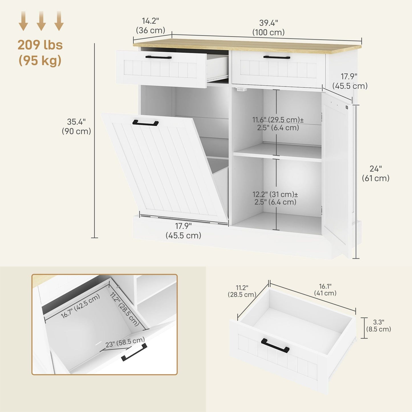 Tilt-Out Trash Cabinet with 2 Drawers - White