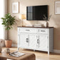 Sideboard Buffet Cabinet, 44" Farmhouse Kitchen Cabinet with 3 Chevron Doors, 2 Drawers and 2 Adjustable Shelves, White