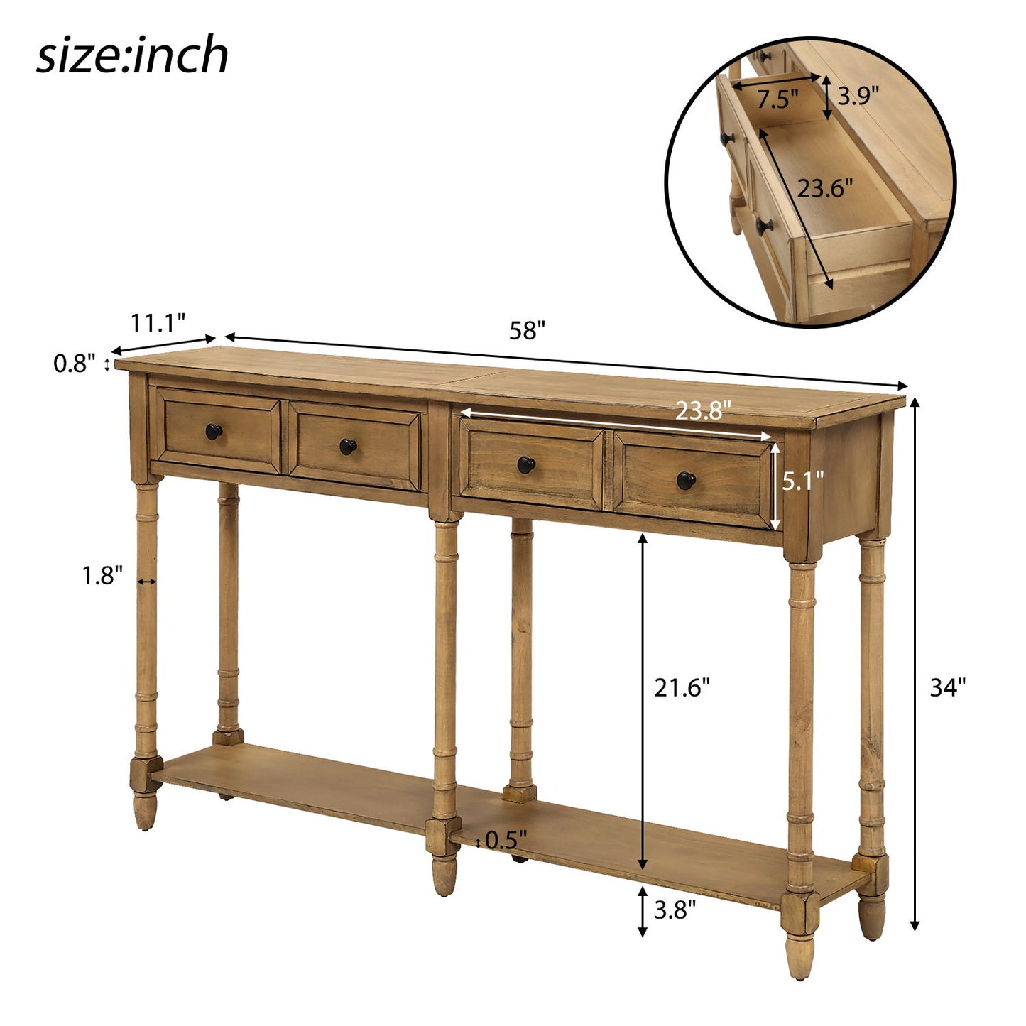 Rustic Console Table with Two Storage Drawers and Bottom Shelf, Solid Pine Wood Frame, Easy Assembly, 58" L x 11" W x 34" H, Natural