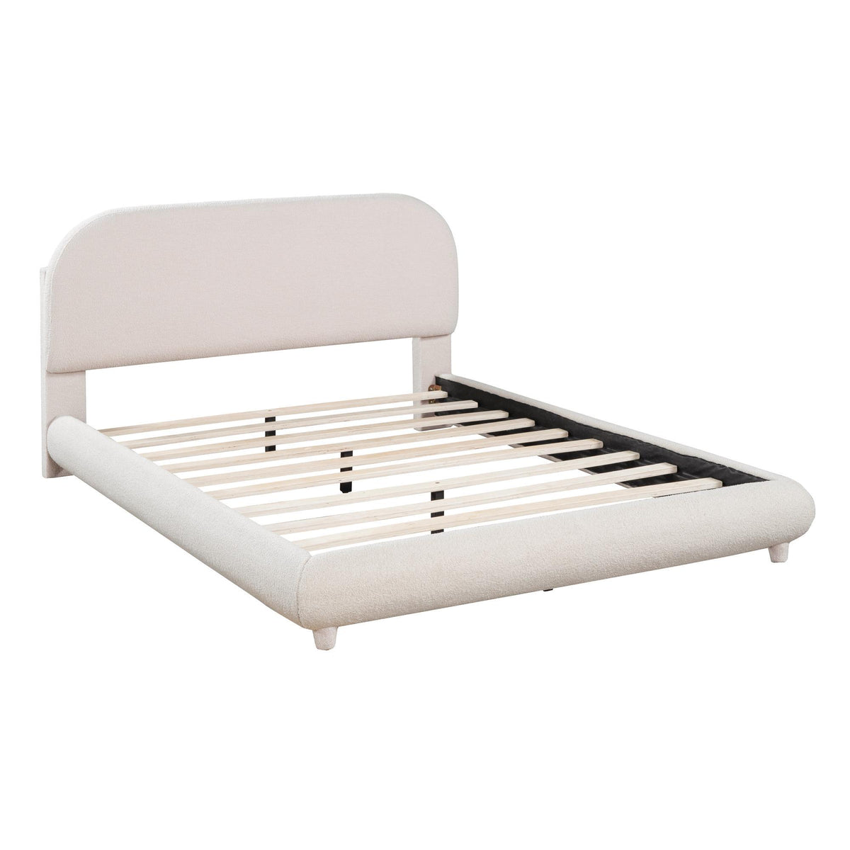 Full Size Upholstered Bed with Curved Headboard and Footboard, Sturdy Bedboard with Plywood & MDF Frame, 80.5'' L x 60'' W x 37'' H, Beige