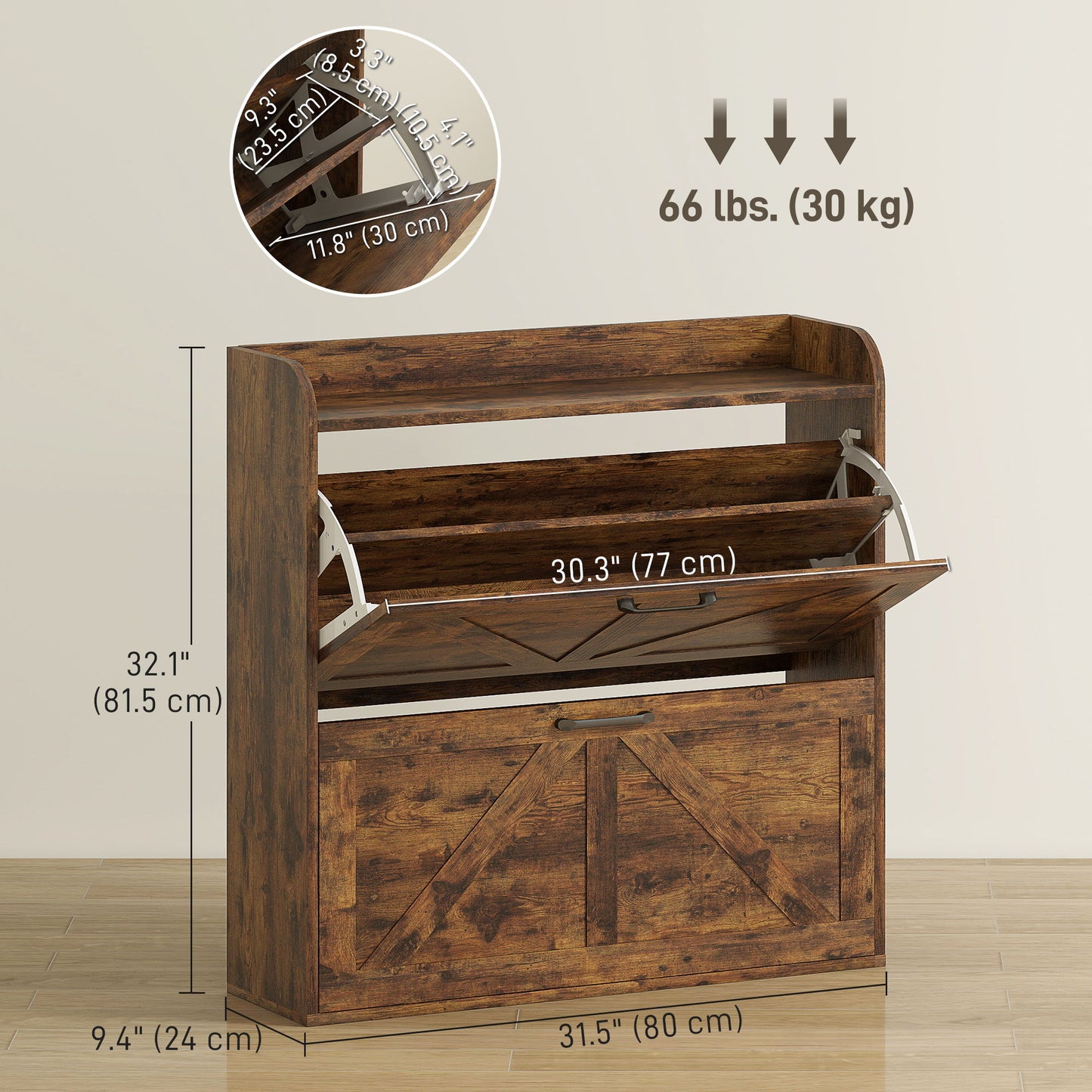 Narrow Shoe Storage Cabinet, Farmhouse Slim Shoe Cabinet with 2 Flip Drawers, Adjustable Shelves, Rustic Brown