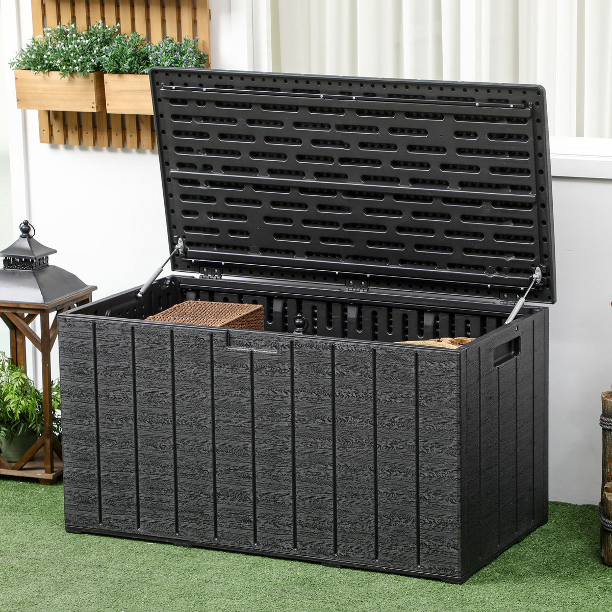 81 Gallon Garden Storage Box, Waterproof Double Wall Storage Container with Wheels and Handles, Black