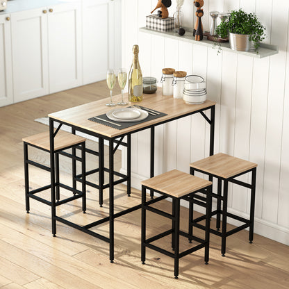 5-Piece Industrial Bar Table Set with 4 Stools - Oak