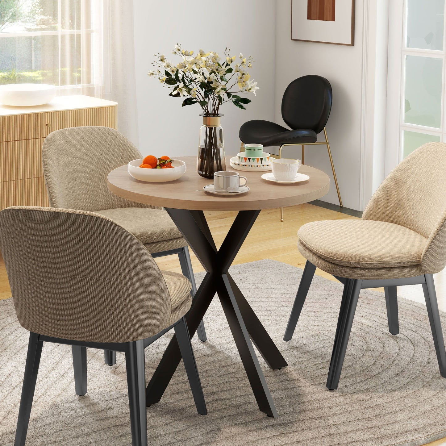 29" Dining Table, Contemporary Round Kitchen Table with Steel Legs, Brown