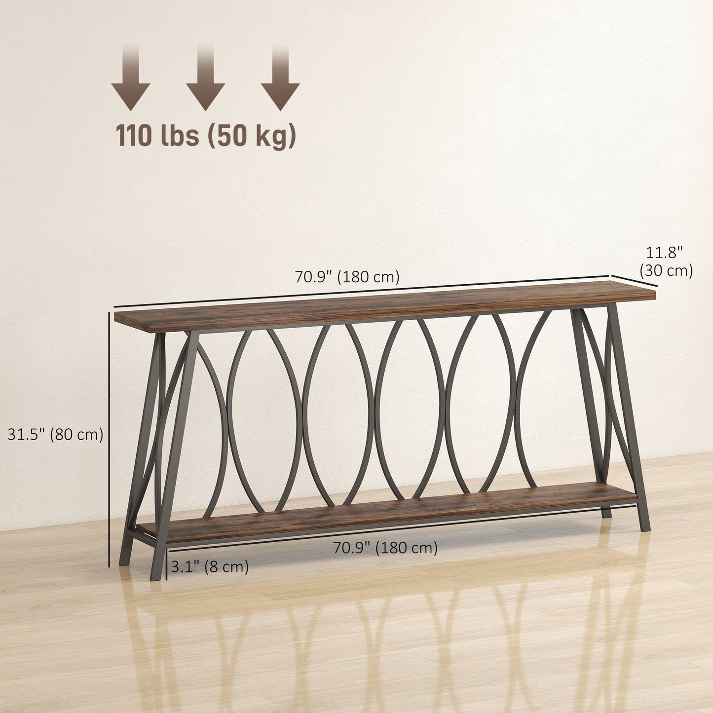 71" Console Table, Industrial 2-Tier Narrow Entryway Table with Metal Frame for Living Room, Hallway, Rustic Brown