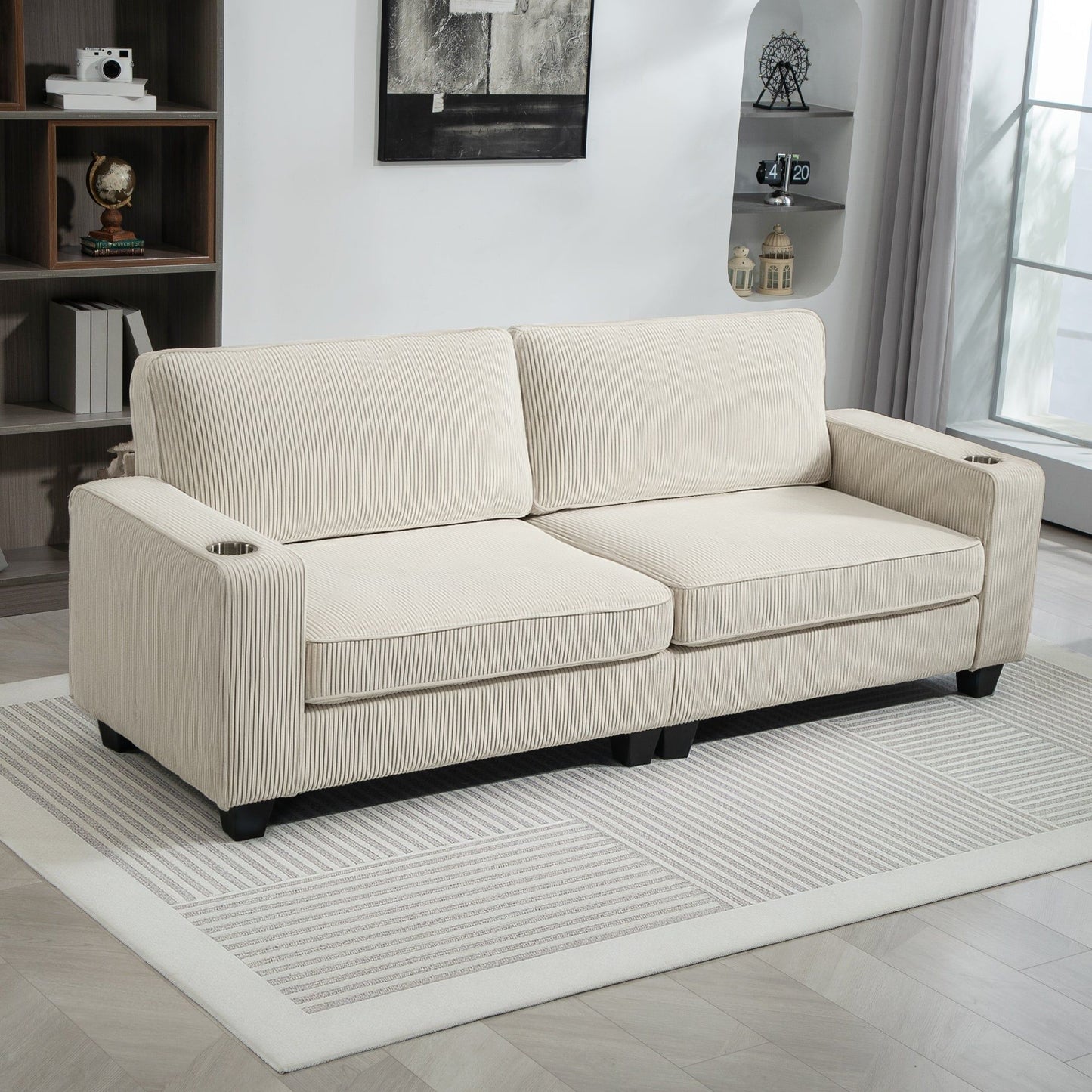 3-Seater Sofa with Cup Holders - Cream White