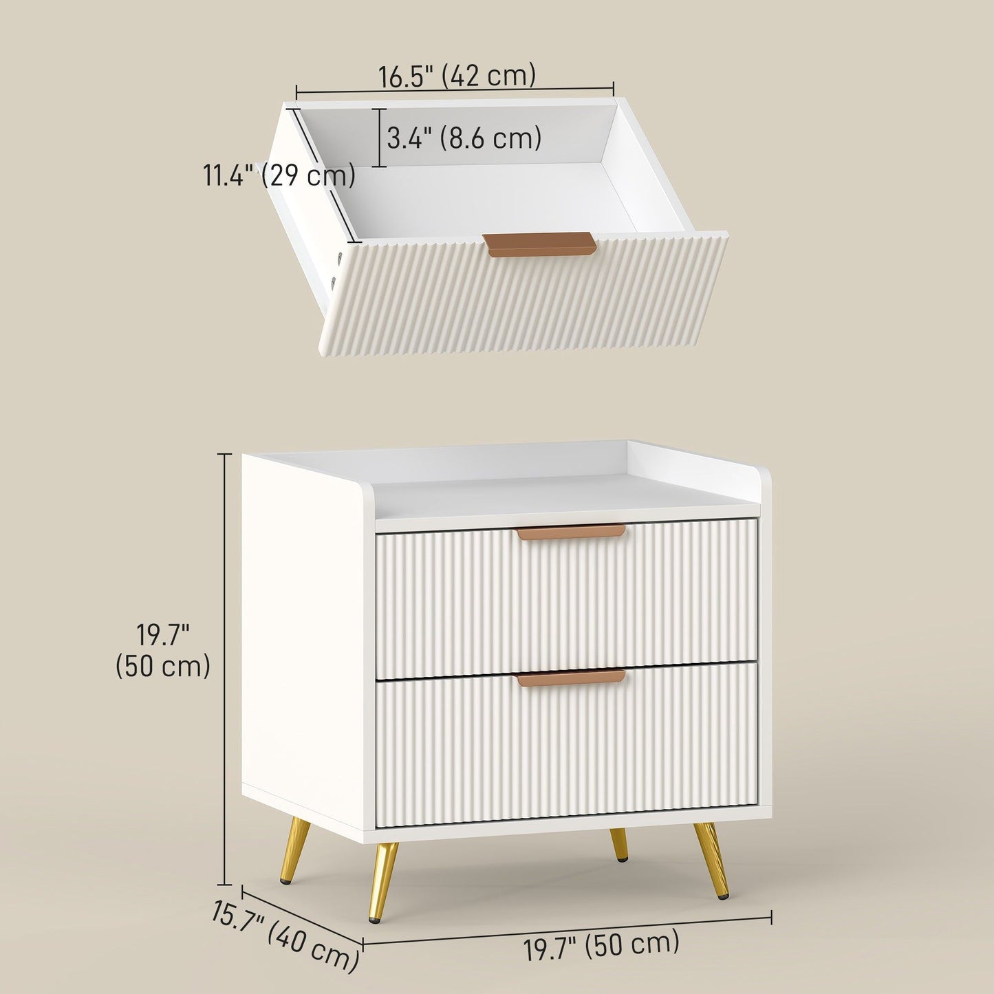 Nightstand with 2 Drawers & Metal Legs - White