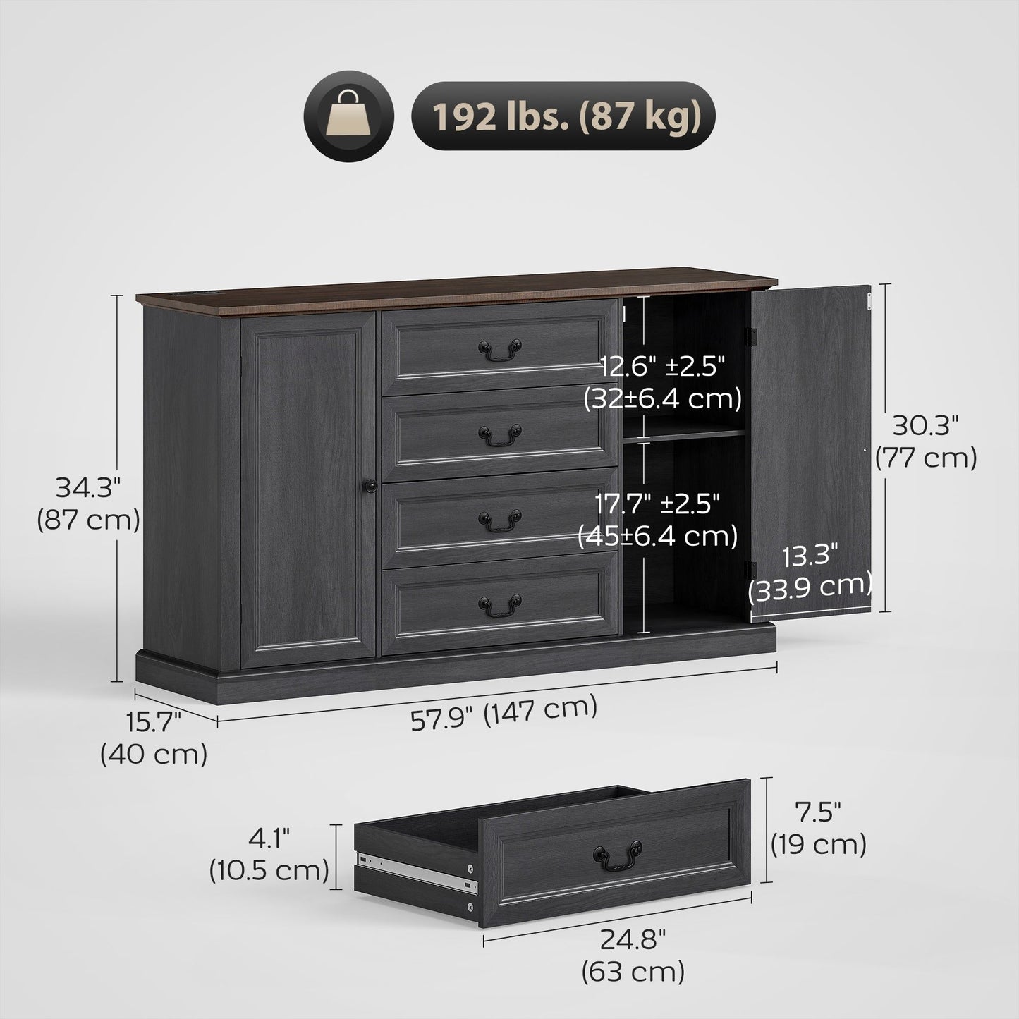 58" Farmhouse Sideboard with Charging Station and 4 Drawers - Black
