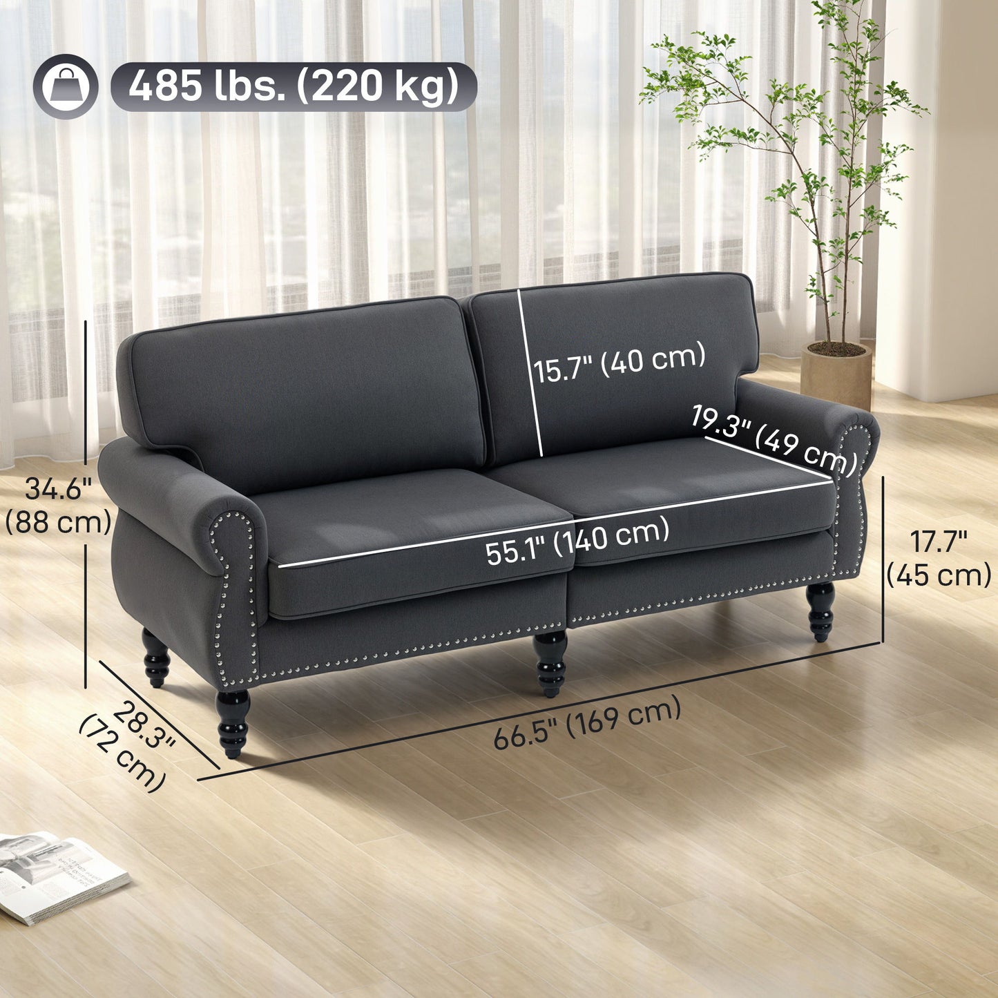 Stylish Midback Double Sofa with Sponge Padding, 2 Seater Sofa Couch, with Rubber Wood Leg, Dark Grey