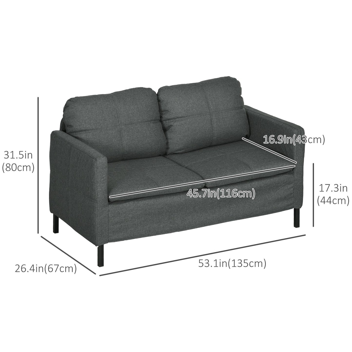 53" Two-Seater Sofa with Steel Legs - Dark Grey