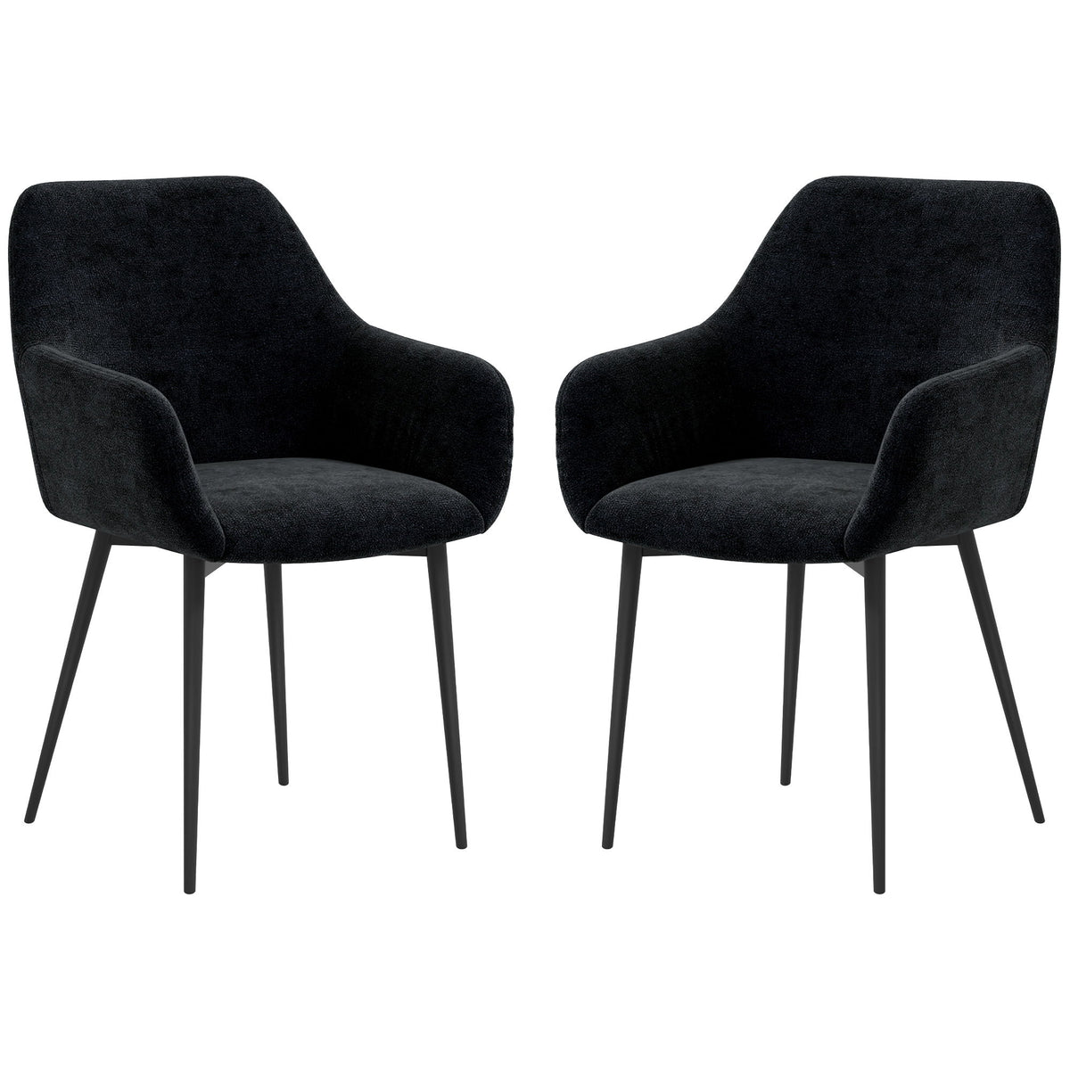 Dining Chairs Set of 2, Velvet-look Fabric Upholstered Kitchen Chairs with Backrest, Armrests and Steel Legs, Black