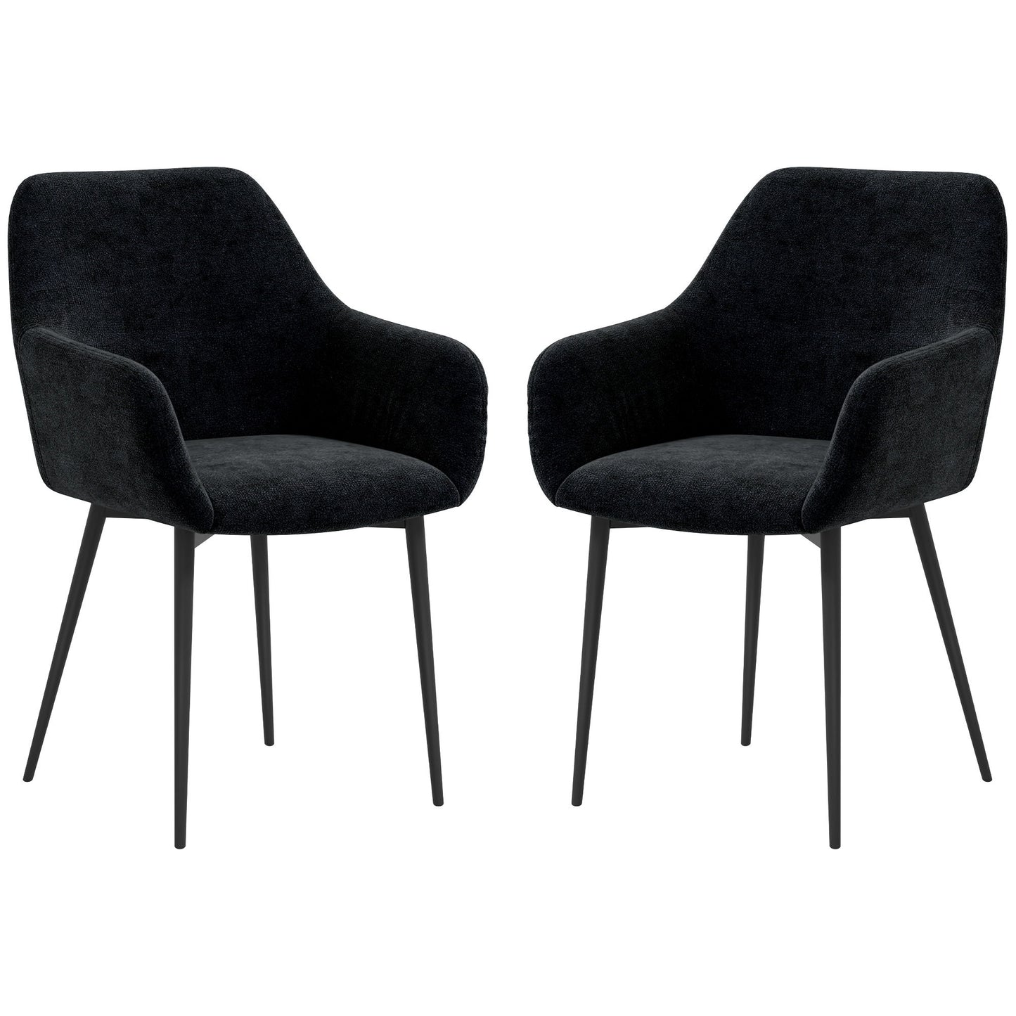 Dining Chairs Set of 2, Velvet-look Fabric Upholstered Kitchen Chairs with Backrest, Armrests and Steel Legs, Black