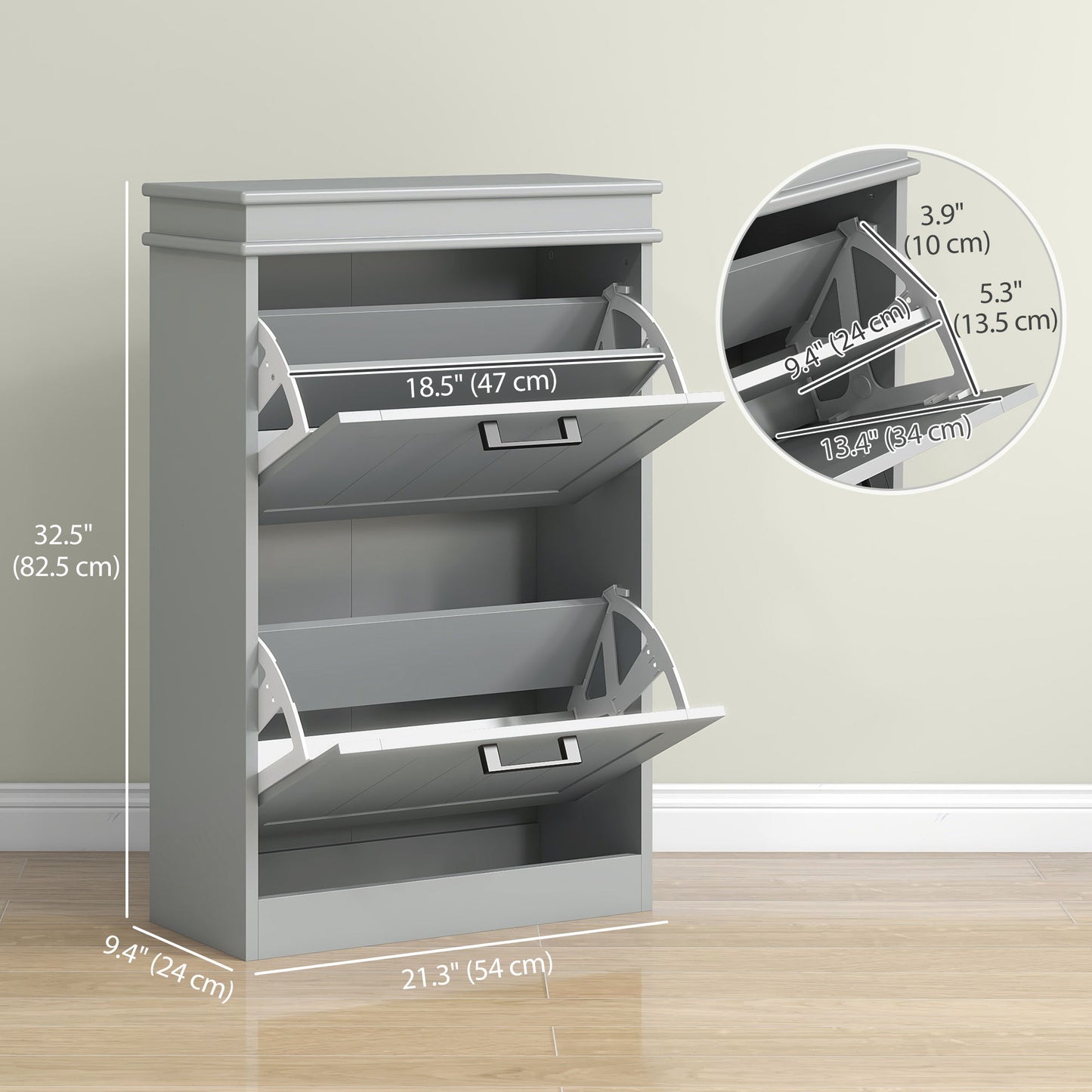 Shoe Storage Cabinet with 2 Flip Drawers and Adjustable Shelves, Narrow Shoe Cabinet for 10 Pairs of Shoes, Grey