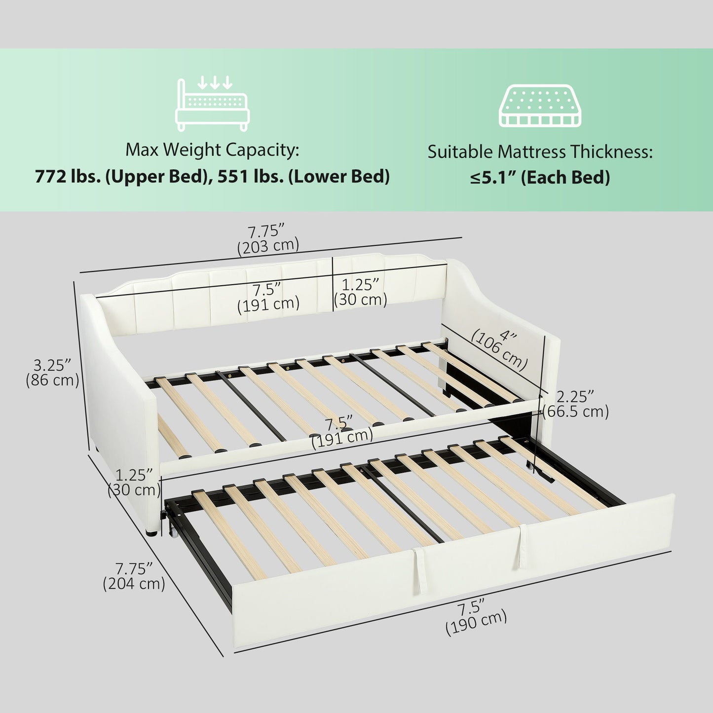 Upholstered Twin Trundle Bed, Extendable Twin to King Day Bed with Headboard and Armrests, Cream White