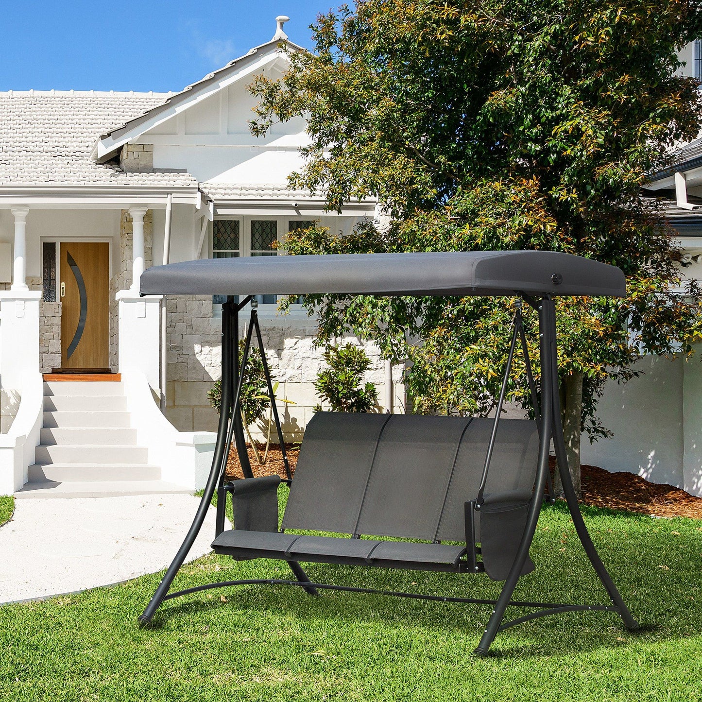 3 Person Porch Swing Outdoor Swing Chair with High Back Design, Side Pouches and Adjustable Canopy, Dark Grey