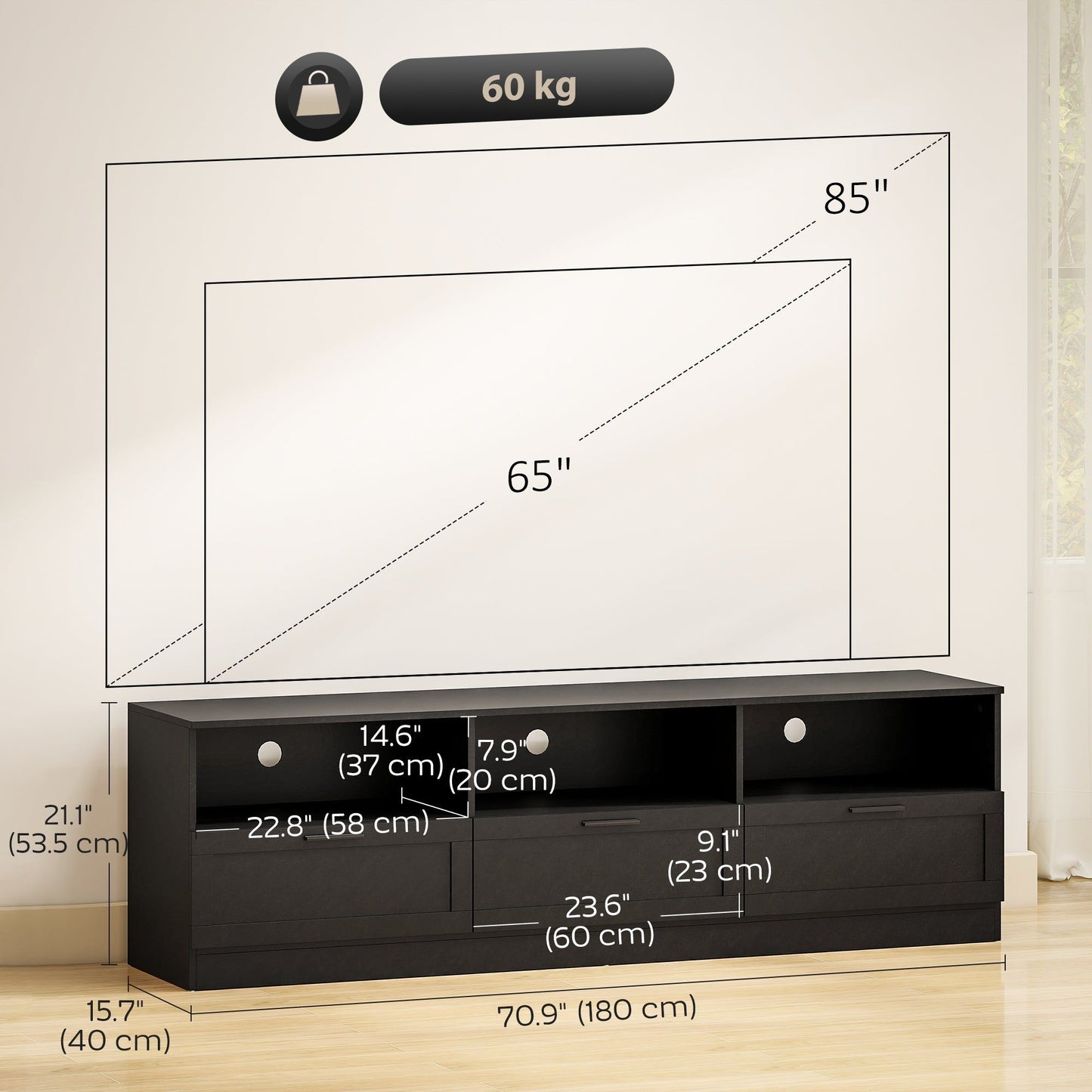 TV Stand with 3 Cabinets for TVs up to 85" - Black