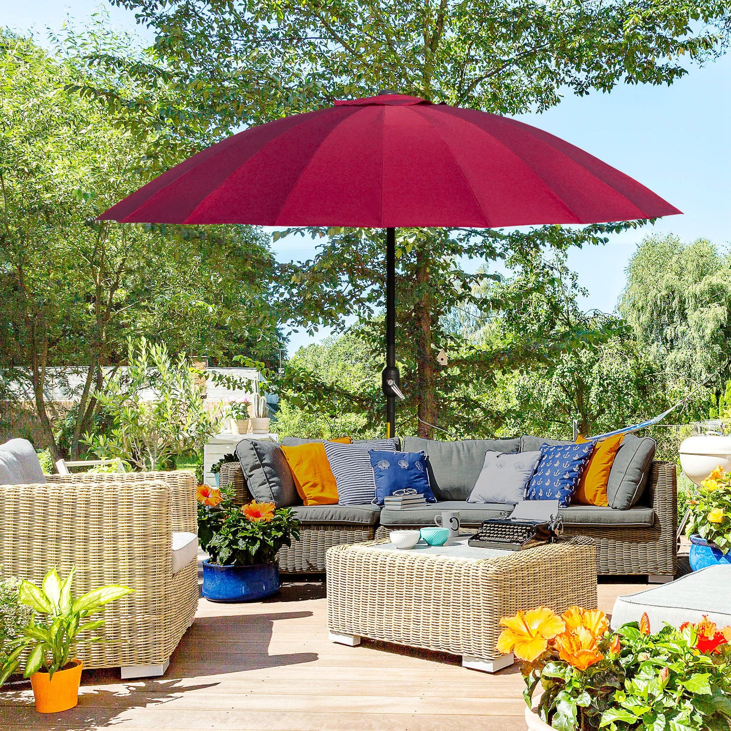 8ft Shanghai Garden Parasol Umbrella with Crank & Tilt, Adjustable Outdoor Sun Shade, Wine Red