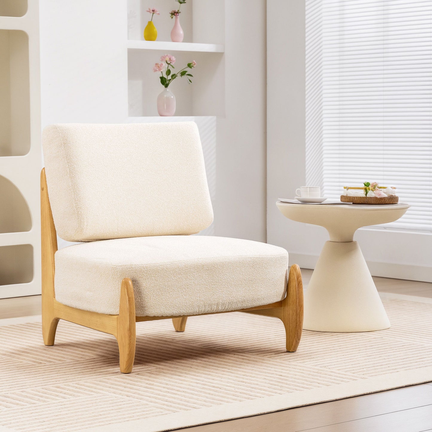 Accent Chair with Rubber Wood Frame, Wide Seat, Modern Chenille Bedroom Chair with Thick Cushion, Cream White