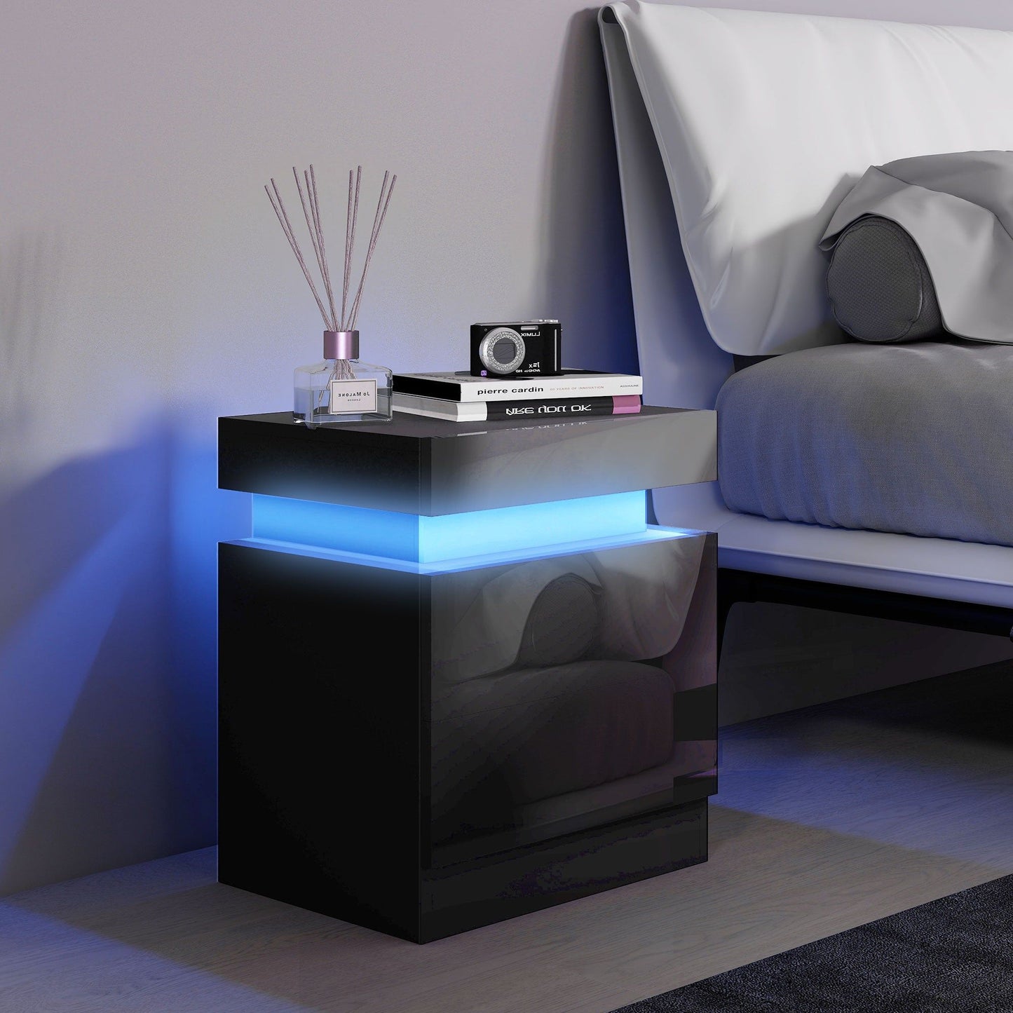 Nightstand with LED Lights and 2 Drawers - Black