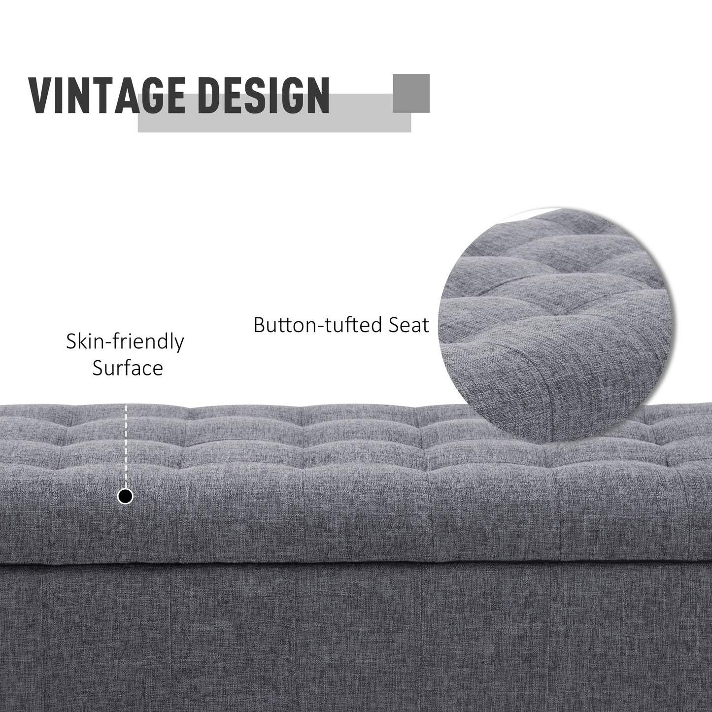 Storage Ottoman, Linen Fabric End of Bed Bench with Soft Close Lid, Button Tufted Storage Bench for Living Room, Entryway or Bedroom, 42" x 17" x 19", Grey