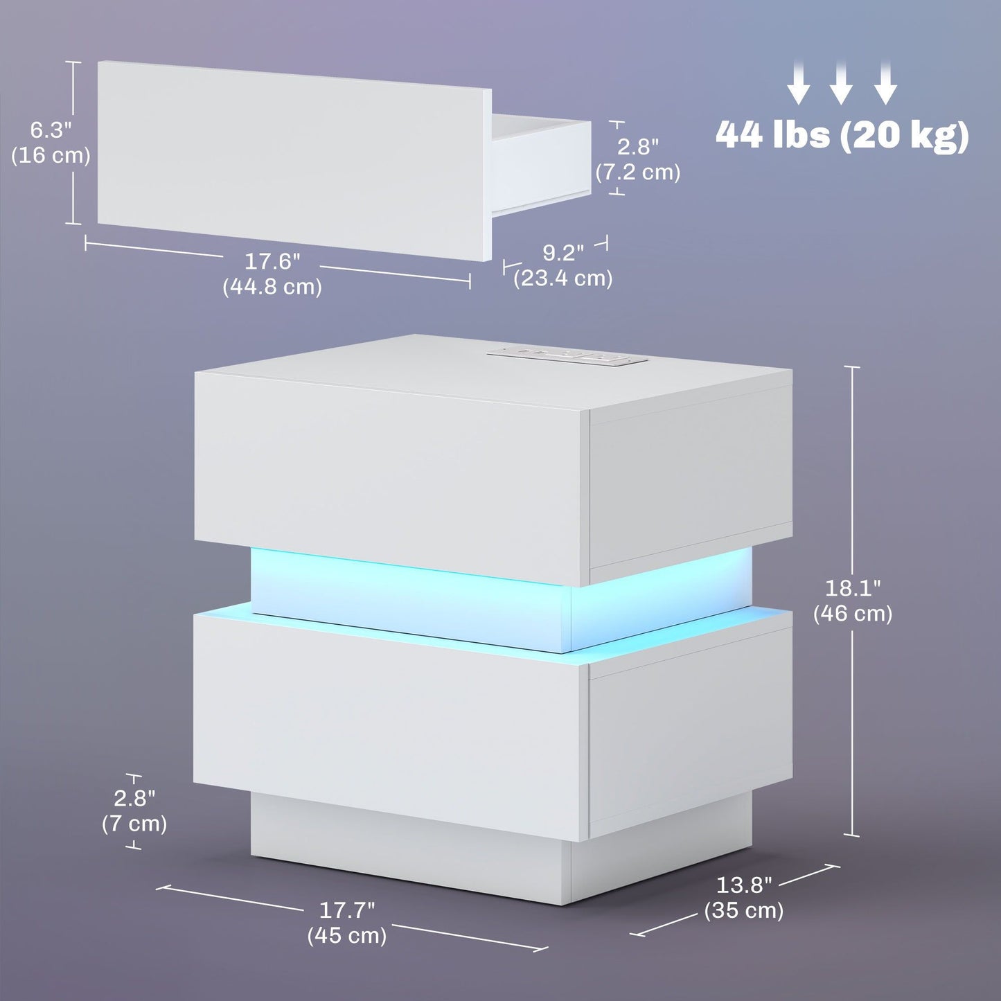 Nightstand with Charging Station and LED Light - White