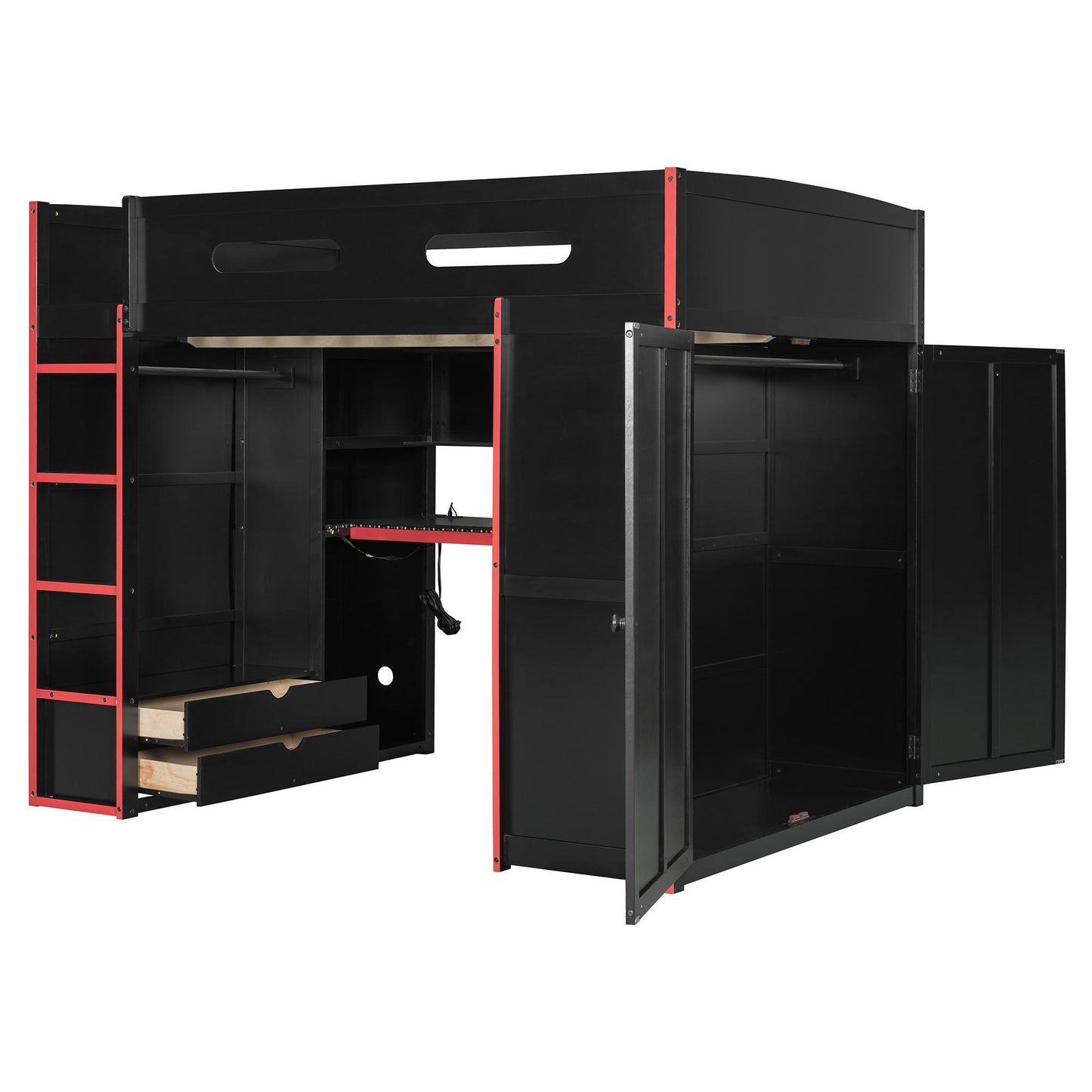 Full Size Wood Loft Bed with Built-In Desk and Gaming Station, Sturdy Bed Frame for Gamers and Multitaskers, 78.5'' L x 56.5'' W x 65'' H, Red