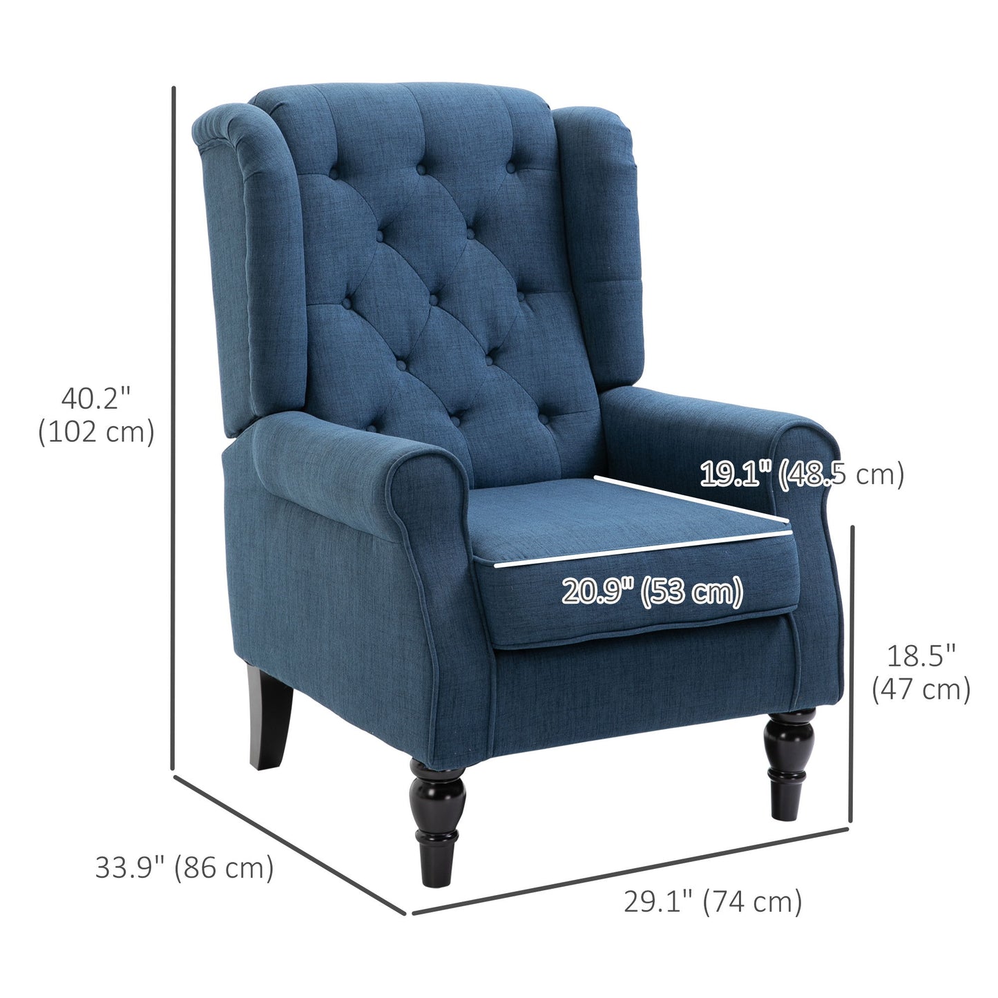 Button Tufted Accent Chair for Living Room - Upholstered Wingback with Wood Legs, Rolled Arms, Thick Padding, Blue