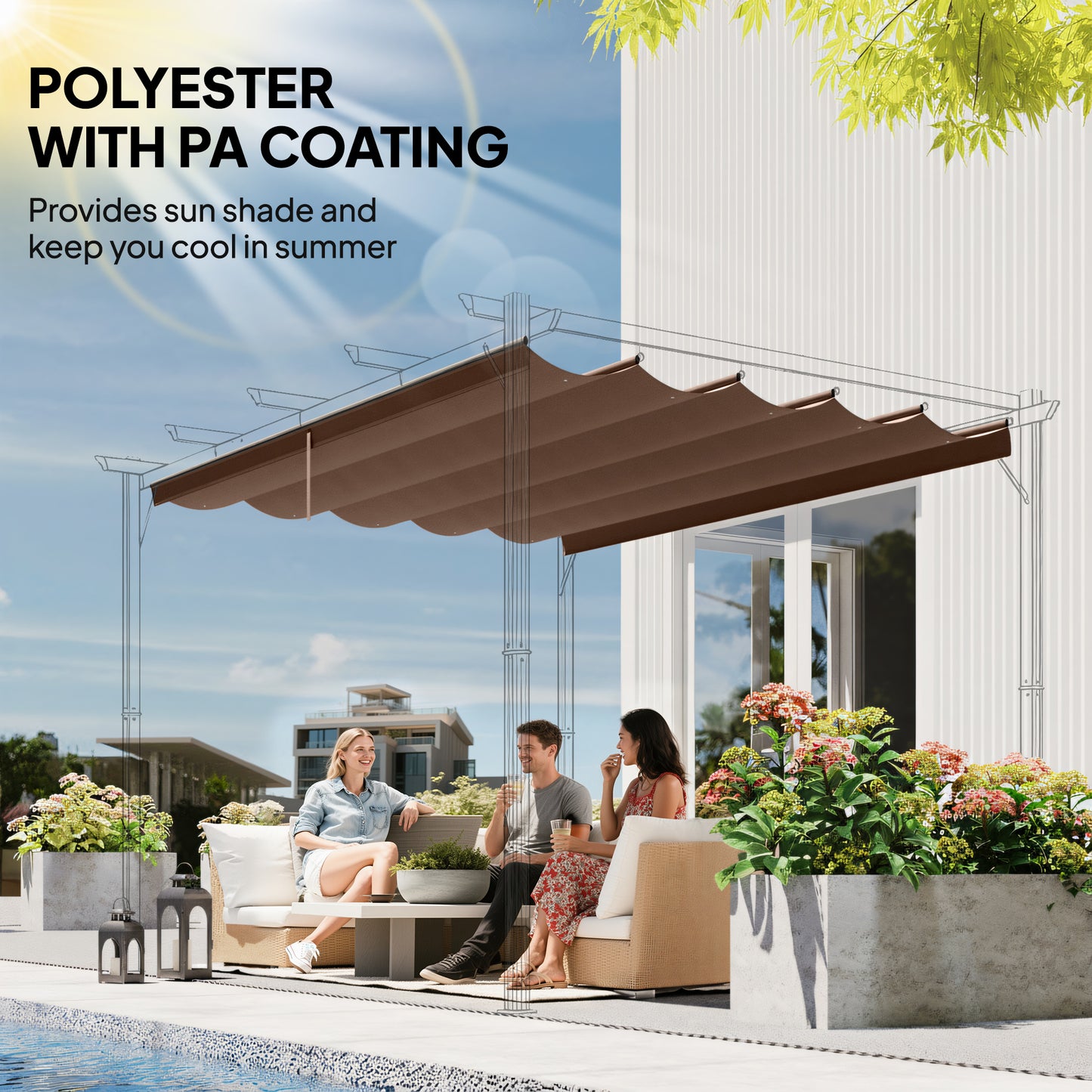 Retractable Replacement Pergola Canopy for 10' x 10' Pergola, Pergola Cover Replacement, Coffee